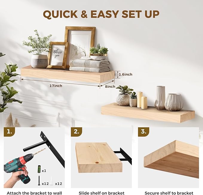 17x8x1.6 inch Floating Shelves Set of 2 – Solid Wood Rustic Wood Wall Mounted