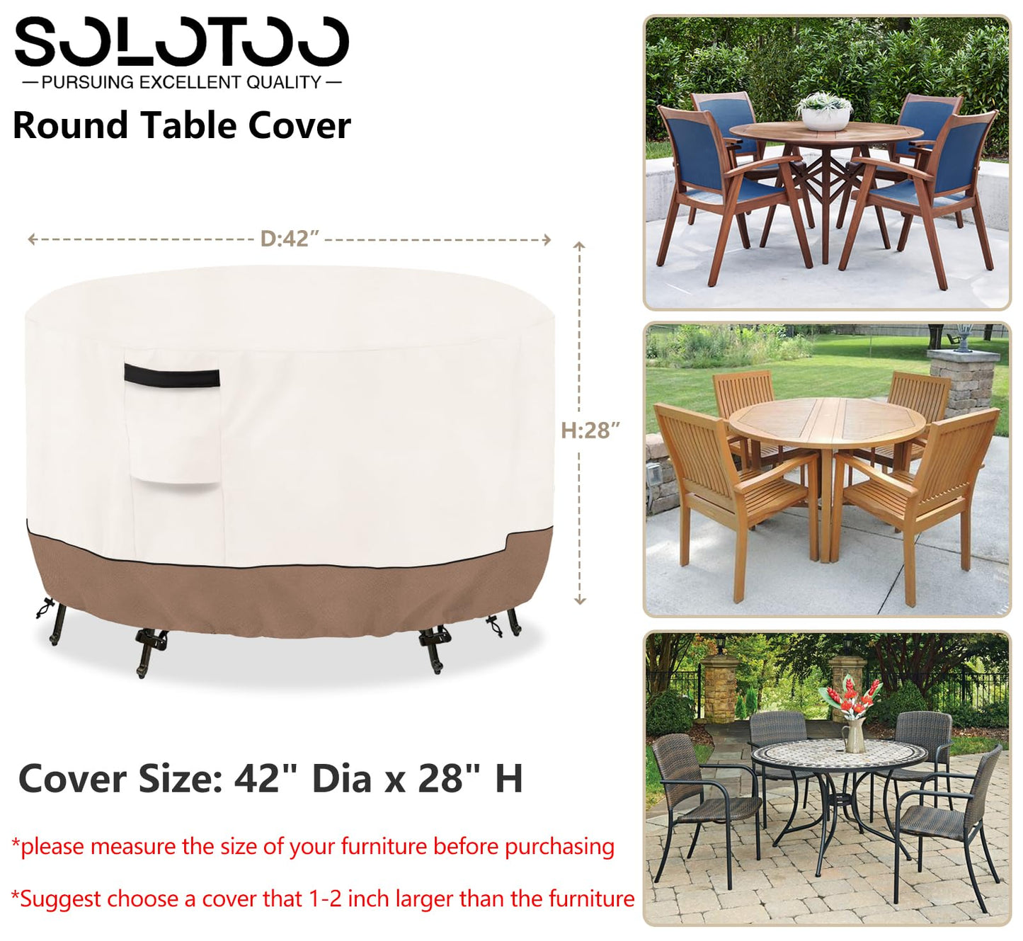 SoloToo Round Outdoor Table Cover Waterproof Heavy Duty Patio Furniture Covers, Round Patio Table Chair Set Covers - 42" Dia x 28" H (Beige & Brown)