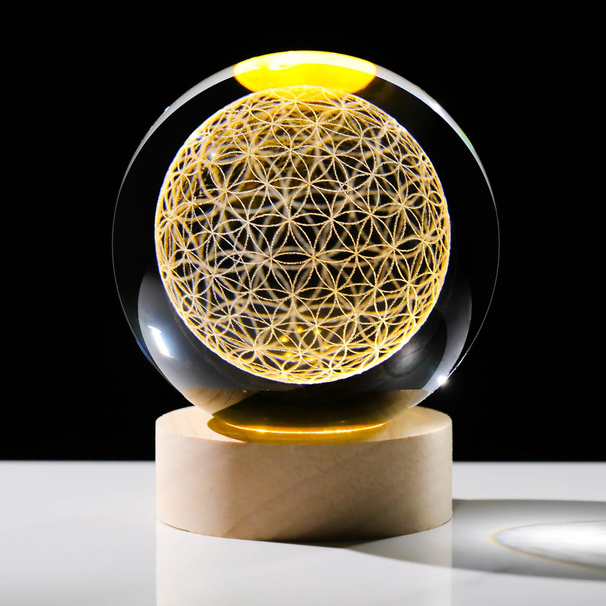 Arikyrist 3D Engraved Flower of Life Crystal Ball, Laser Engraved Grid Flower of Life Sphere Home Decoration, Crystal Engraved Sacred Geometry Glass Sphere Paperweight Ornaments Gifts for Men Women