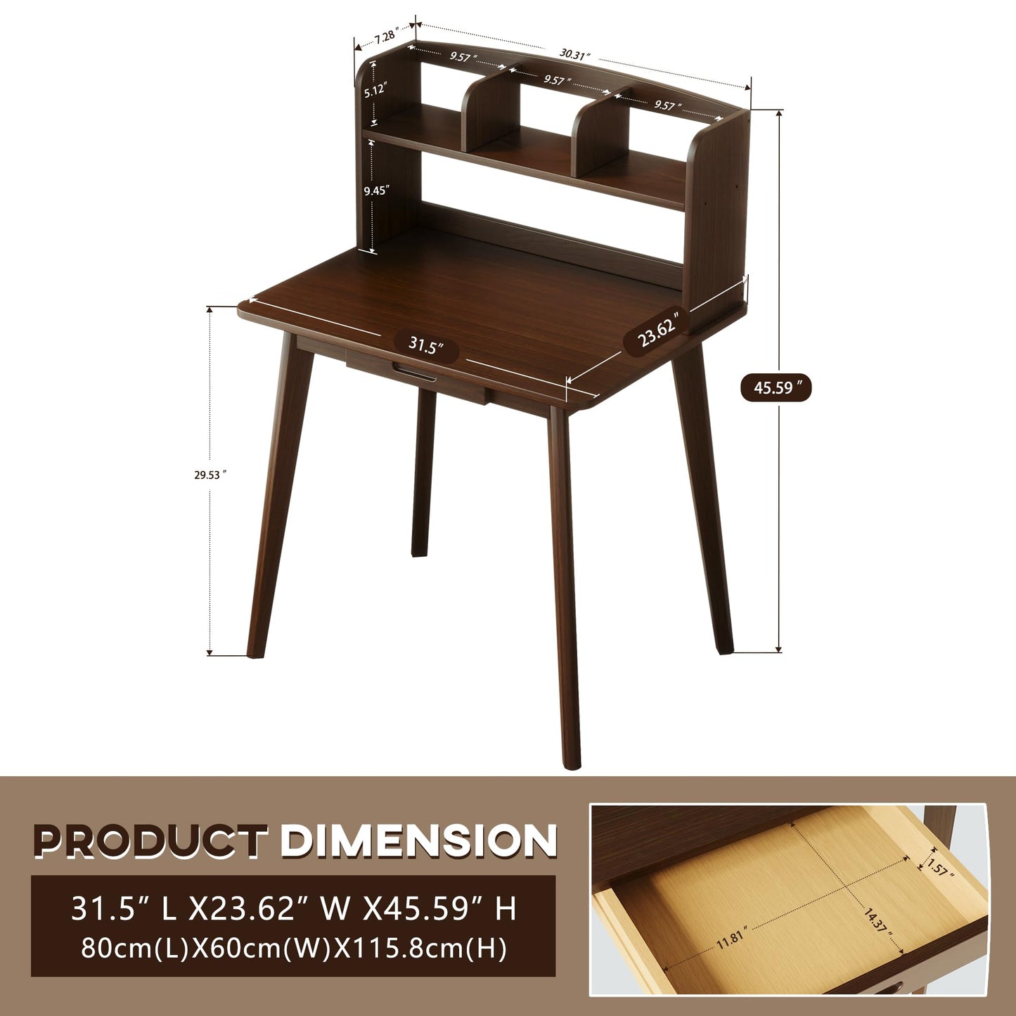 IOTXY Small Writing Desk with Hutch - 31.5" Work Computer Study Table with Drawer for Home and Office, Black Walnut