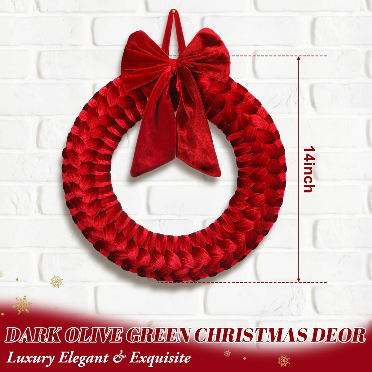 Barydat Christmas Velvet Wreath 14" Wreaths for Front Door Velvet Christmas Wreath Ornament with Bow for Party Table Fireplaces Porch Walls New Years Home Decor (Burgundy)