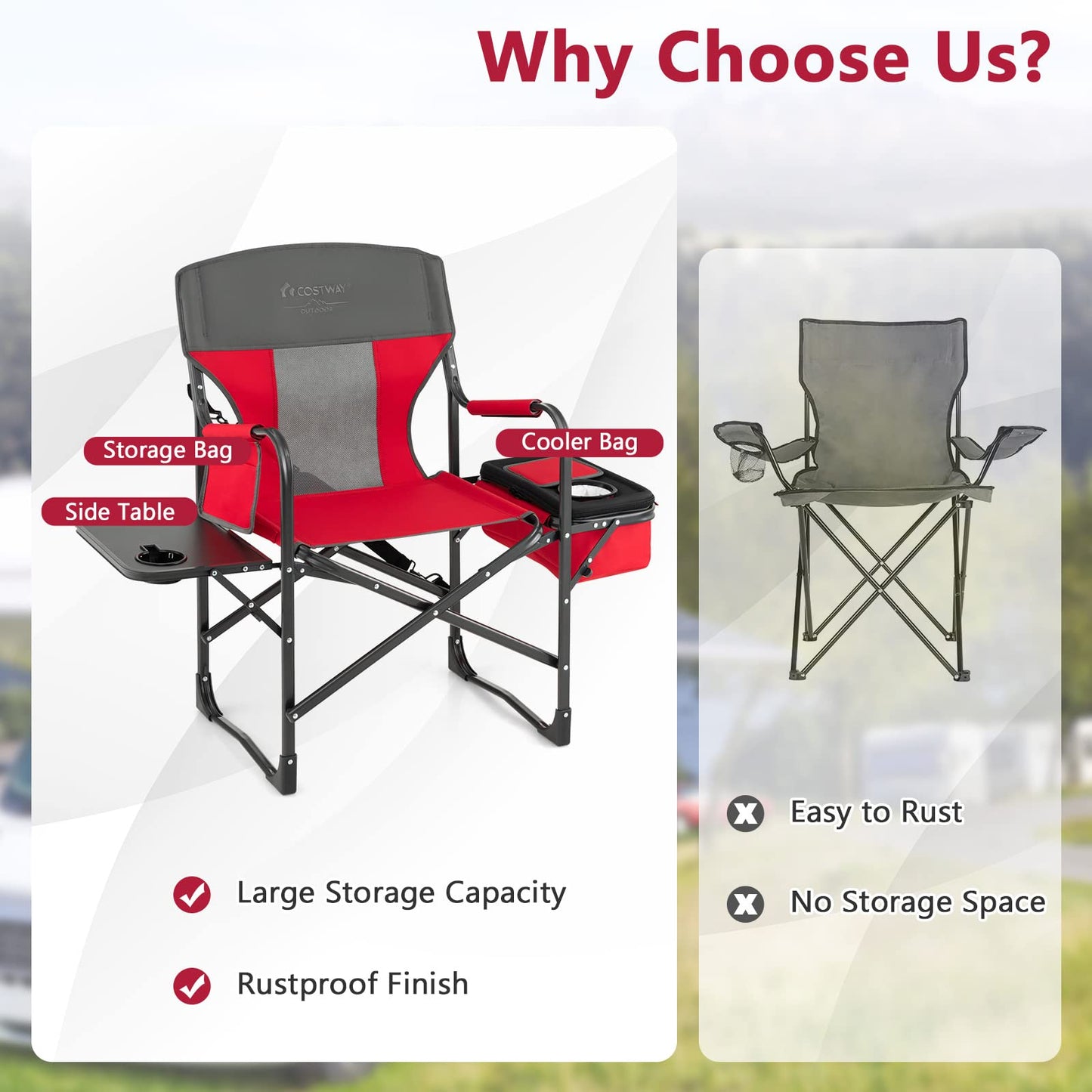COSTWAY 2-Pack Folding Camping Chair, Heavy-Duty Director Chair Supports 400lbs for Adults with Side Table, Cooler Bag, Storage, Strap, Portable Makeup Chair Set of 2 for Fishing Picnic, Red
