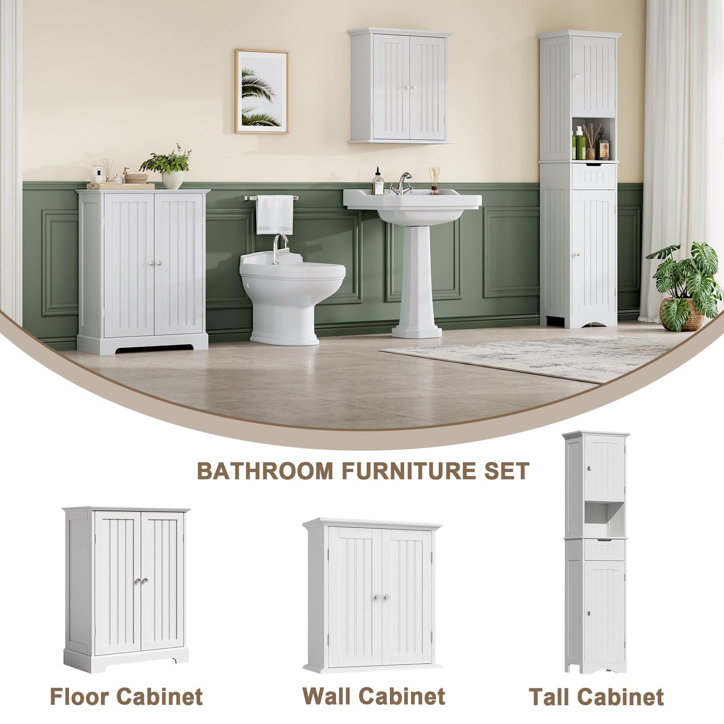 ChooChoo Bathroom Floor Cabinet, Modern Bathroom Storage Cabinet with 2 Doors and Adjustable Shelves, Freestanding Cupboard for Living Room, White