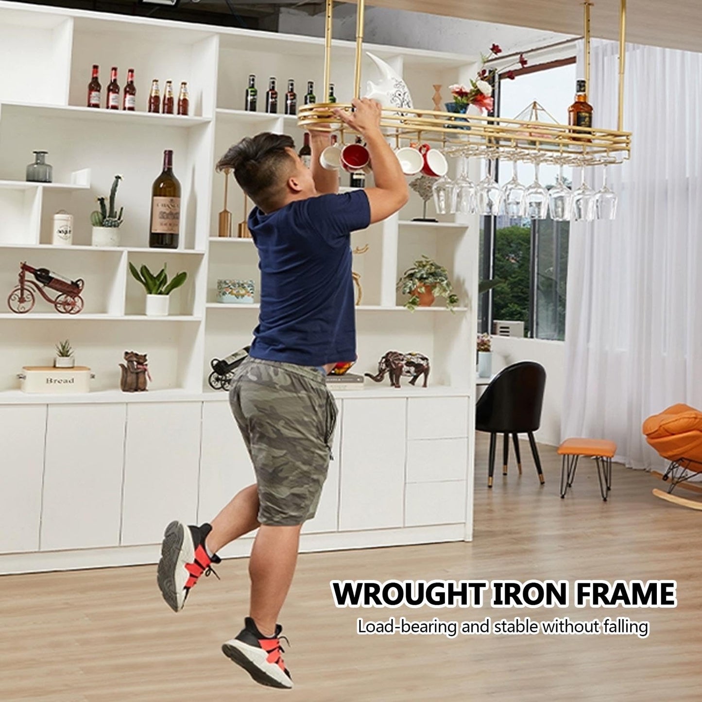GHHDPXM Modern Hanging Wine Bottles Rack for Home Display Metal Ceiling Shelf for Cafe Bar and Kitchen Floating Storage Shelves with Glass Holder Wall Mounted Wine Rack for Cups.
