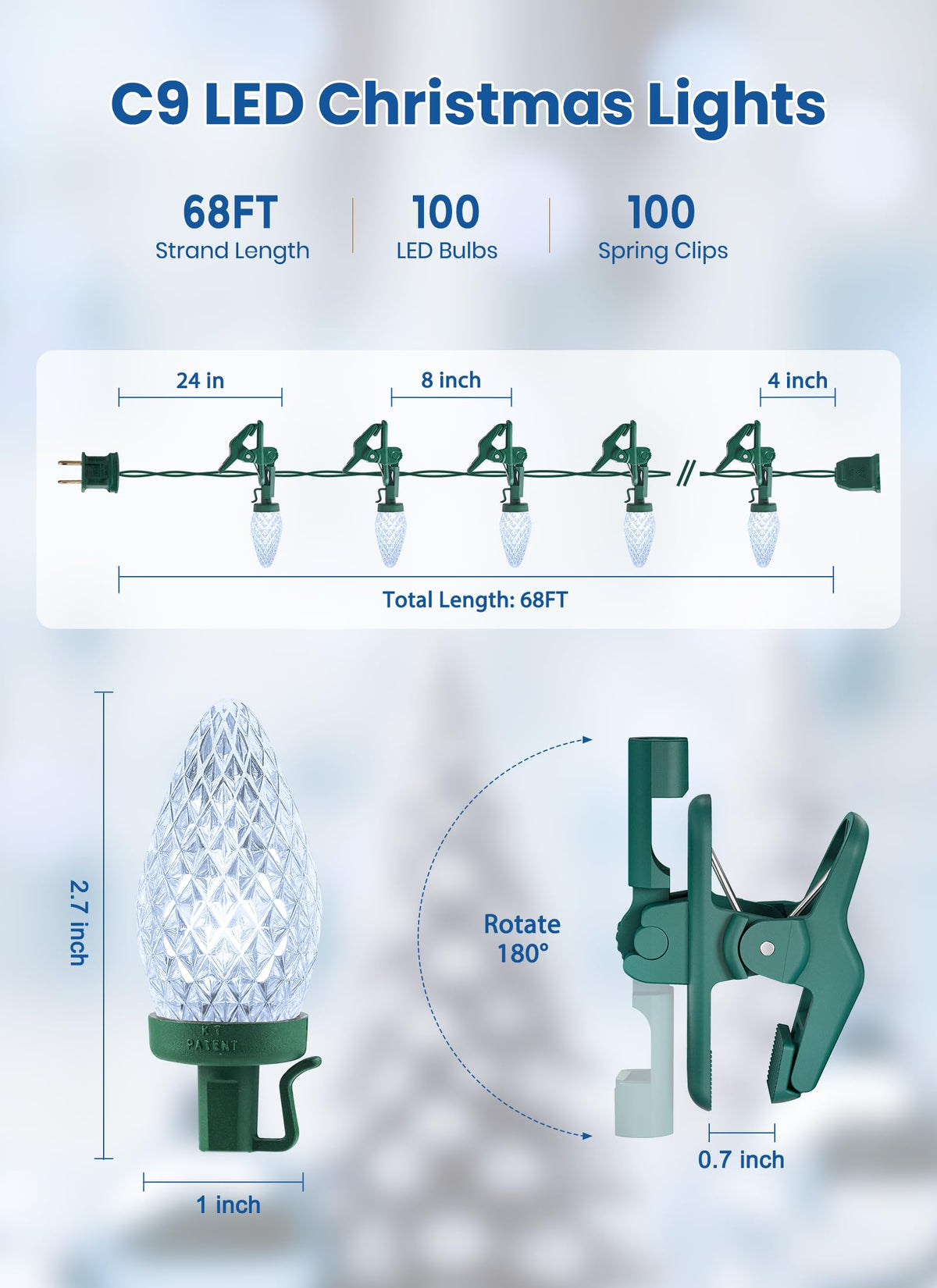 C9 LED Christmas Lights Outdoor, 68 Feet 100 LED Strawberry String Lights with 100 Spring Clamps, Waterproof Commercial Grade Extendable for Outside Roofline Patio Home Xmas Decoration, Pure White
