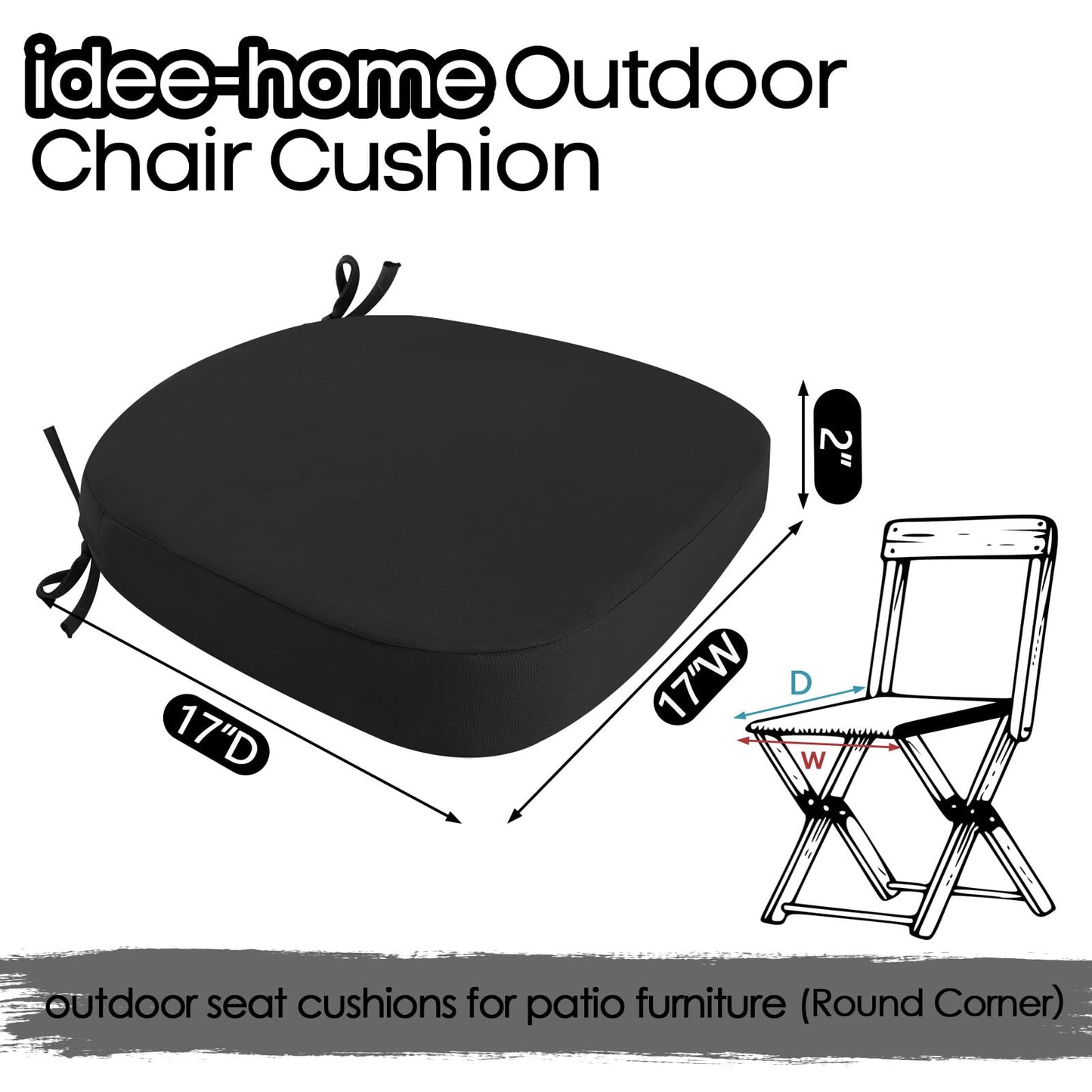 idee-home Outdoor Chair Cushions Set of 2, 17" x 17" Thick D-Shaped Patio Furniture Outdoor Seat Cushions Waterproof with Ties, Dining Pads