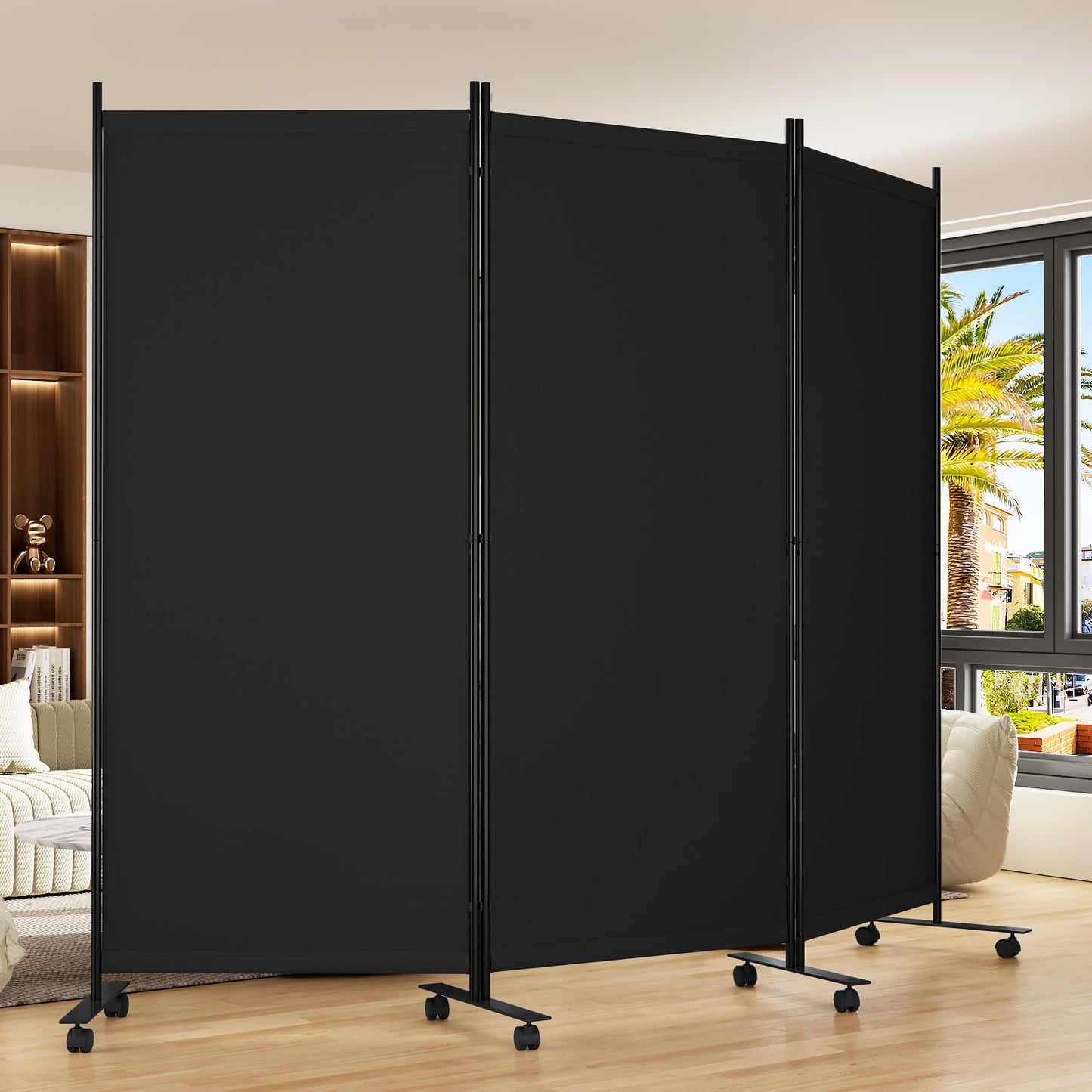 Room Divider 102'' Wide Folding Room Divider Panel with Wheels, 3 Panel Wall Divider for Room Separation, (Upgraded Metal Base) Portable Room Privacy Screen for Space Separator Partition Room Dividers