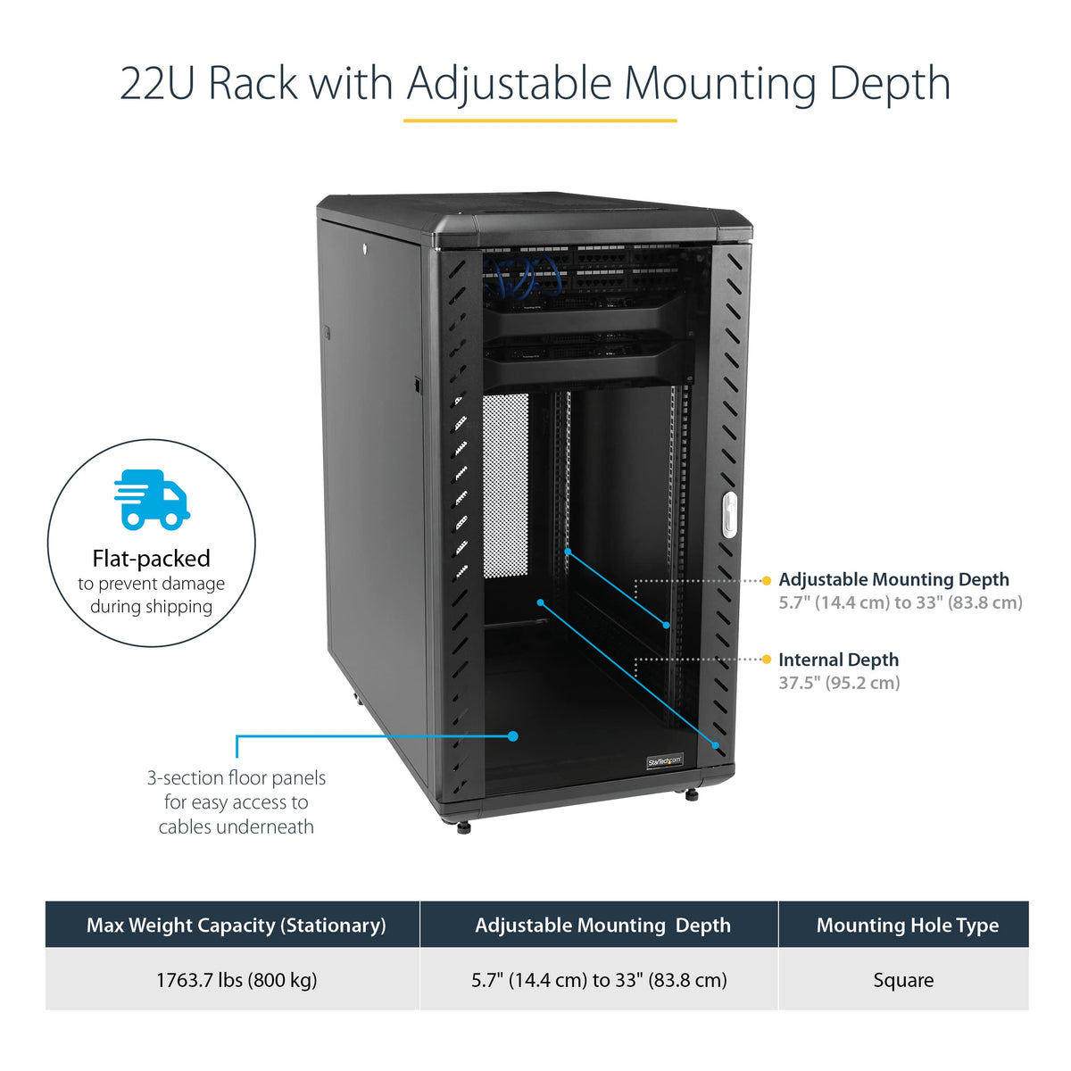 StarTech 22U Enterprise-Grade Server Rack Cabinet, 19in Enclosed 4-Post Rack with 33in (83cm) Mounting Depth and 1764lb (800kg) Weight Capacity