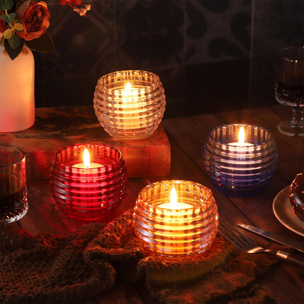 TkoYuHm 2 Pack Blue Glass Votive Candle Holders for Home Decor Round Bubble Tea Light Holder for Valentine’s Day Table Centerpiece Wedding