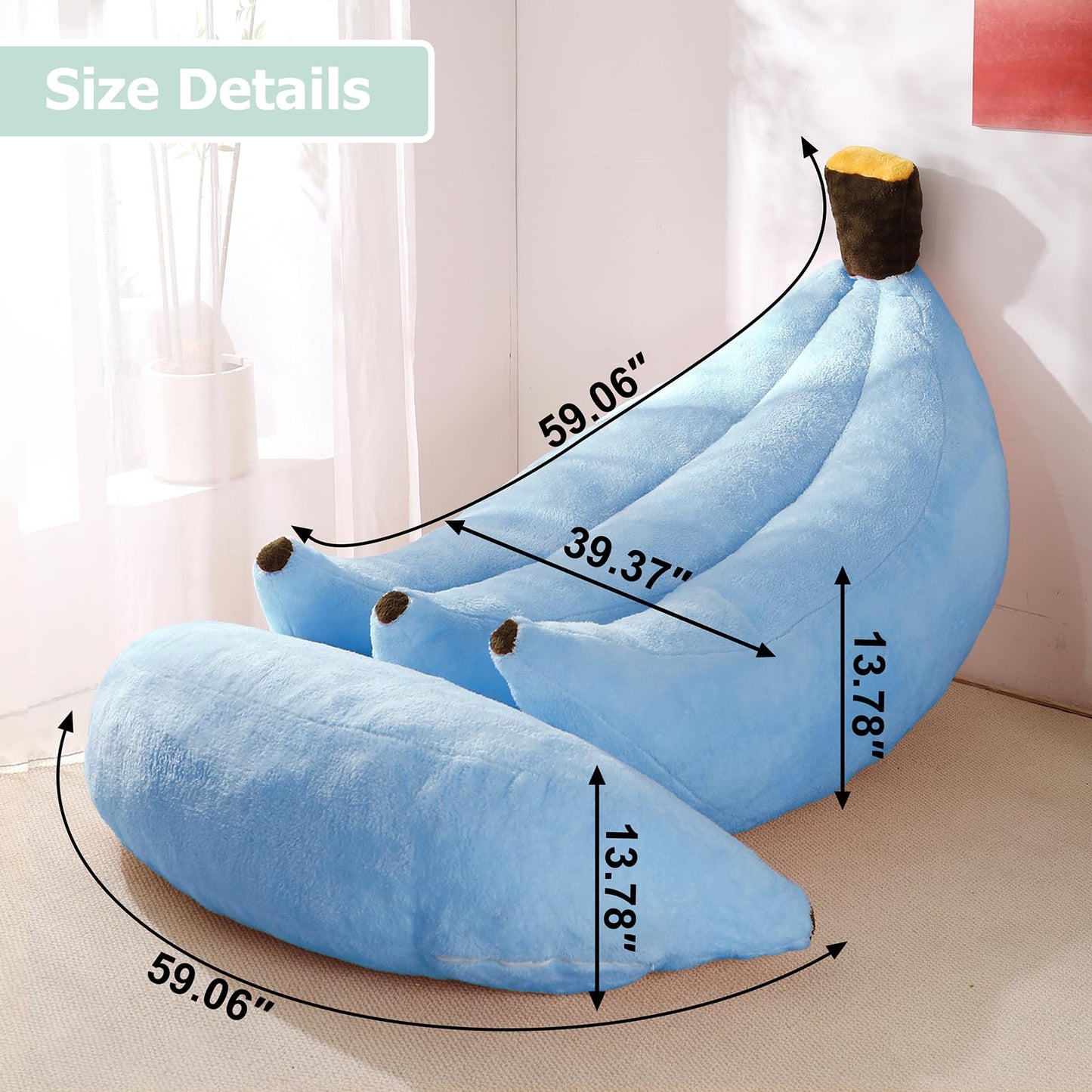 IEVENW Banana Bean Bag Chair with Ottoman, Floor Sofa Bed with Footrest, Comfy Convertible Lounger for Adults, Plush Couch for Bedroom, Living Room or Dorm, L-SkyBlue