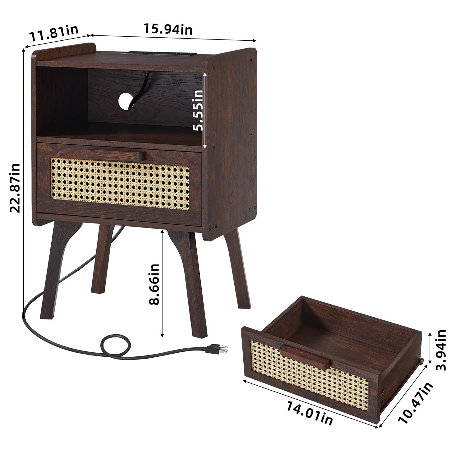 Lerliuo Rattan Nightstand with Charging Station, Walnut Bedside Table with Drawer Open Shelf, Cane Accent Side End Table with Solid Wood Legs, Night Stand for Bedroom, Dorm and Small Spaces