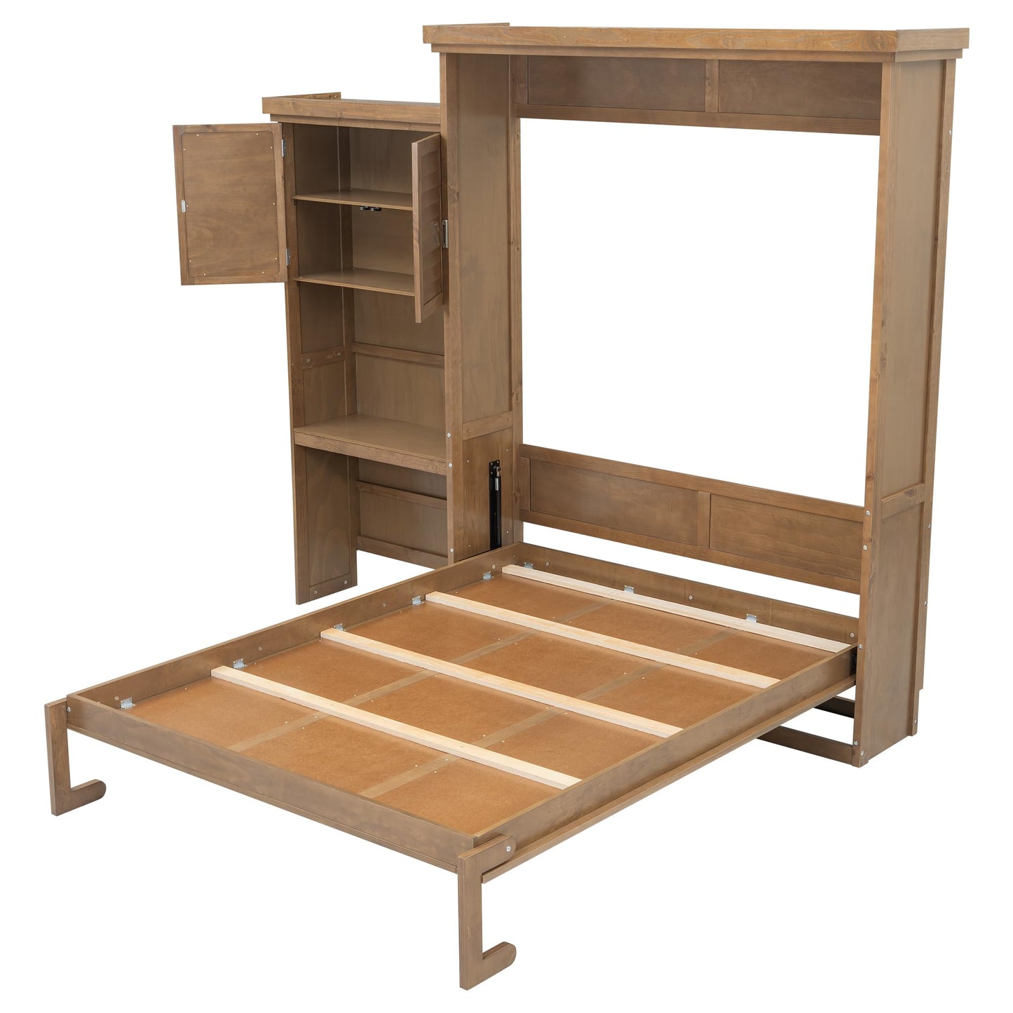 HECATEVIC Murphy Bed with Bookshelf, Wall Bed Cabinet with Storage Shelves, Space Saving Solid Wood Foldable Bed Frame, Queen Size, Burlywood