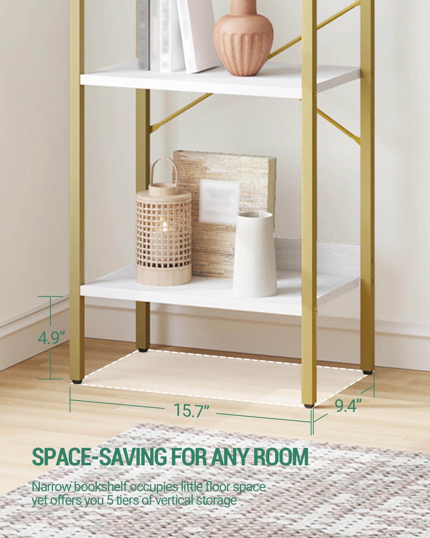 Hzuaneri Bookshelf, Book Shelf, Industrial Bookcase with 2 Hooks, Coner Shelf Storage Organizer for Home Office, Living Room, Bedroom, Kitchen, 5-Tier White Gold BC10513G