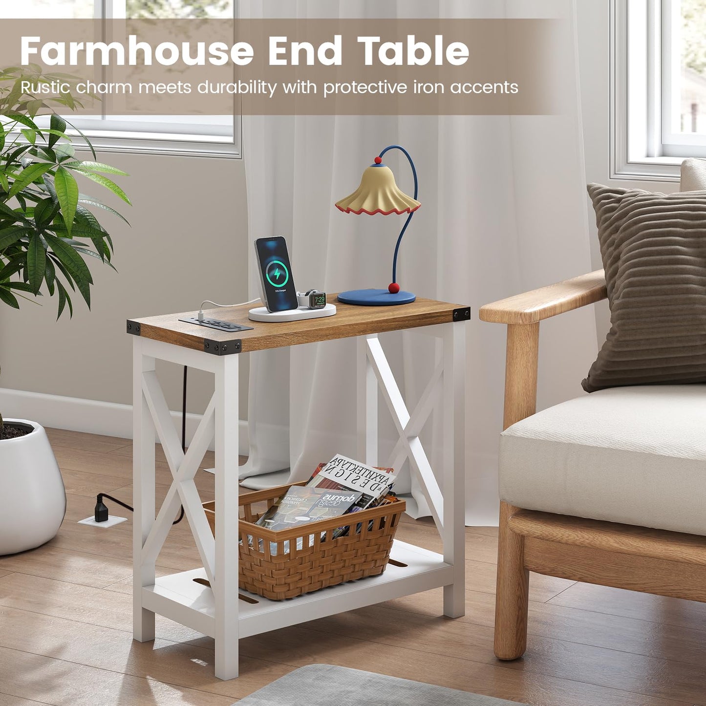 Hadulcet Farmhouse Side Table with Storage Shelf - Narrow End Table with Charging Station, Slim End Tables Living Room, Rustic X-Design Nightstand for Bedroom, Small Space, White & Brown