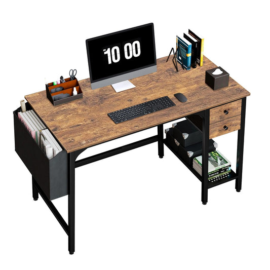 Lufeiya Computer Desk with Drawers - 40 Inch Work Reversible Small Desk for Bedroom Home Office, Simple Study Writing Table PC Desks with Drawer Storage Shelves, Rustic Brown