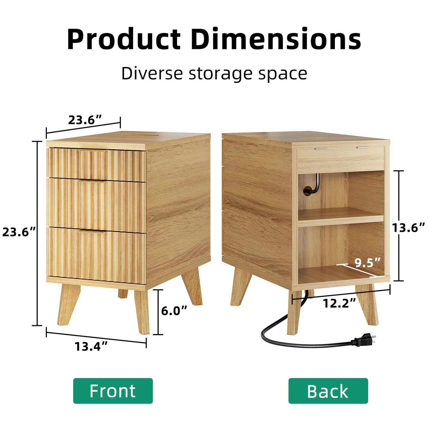Kalrin Charging Nightstand with Hidden Outlets & 3 Drawers, Modern End Table, Bedside Table with USB Ports, Wave Groove Design, Compact Size, Heavy Duty Engineered Wood, Natural Wood Color