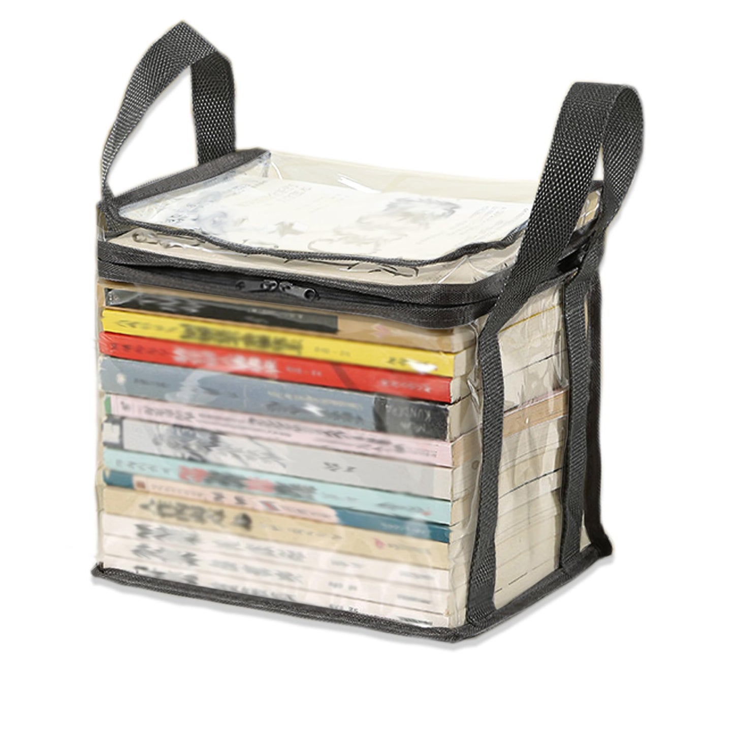 Clear Book Storage Bag Plastic Comic Books Organizer 38x24x32cm/15x9x3inches Collapsible Book Display Case with Lid and Lifting Handle for Books Used Books Toys