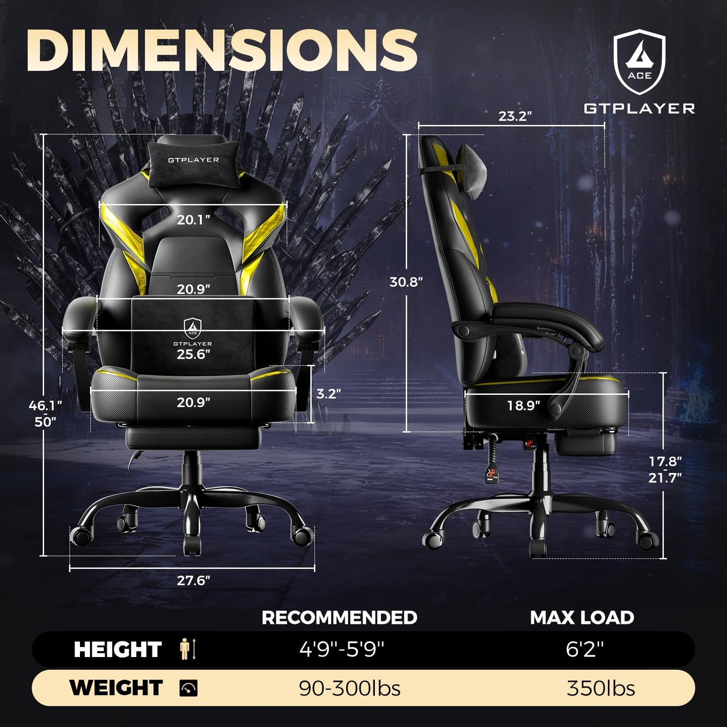 GTPLAYER Big and Tall Gaming Chair for Adults, Ergonomic Office Chair with Footrest, Heavy Duty 350 lbs Capacity, High Back, Premium Leather & Iridescent Trim, ACE-Armor, Black & Yellow