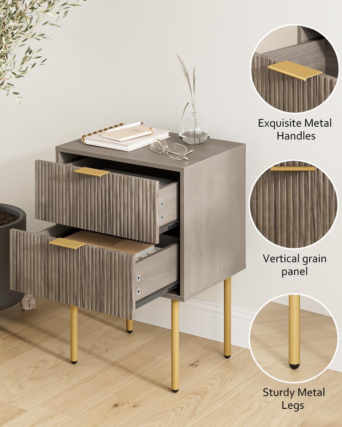 Masupu Night Stand,Mid-Century Modern Bedside Table with 2 Storage Drawer,Small Gold Frame Side End Table for Bedroom,Living Room, Grey
