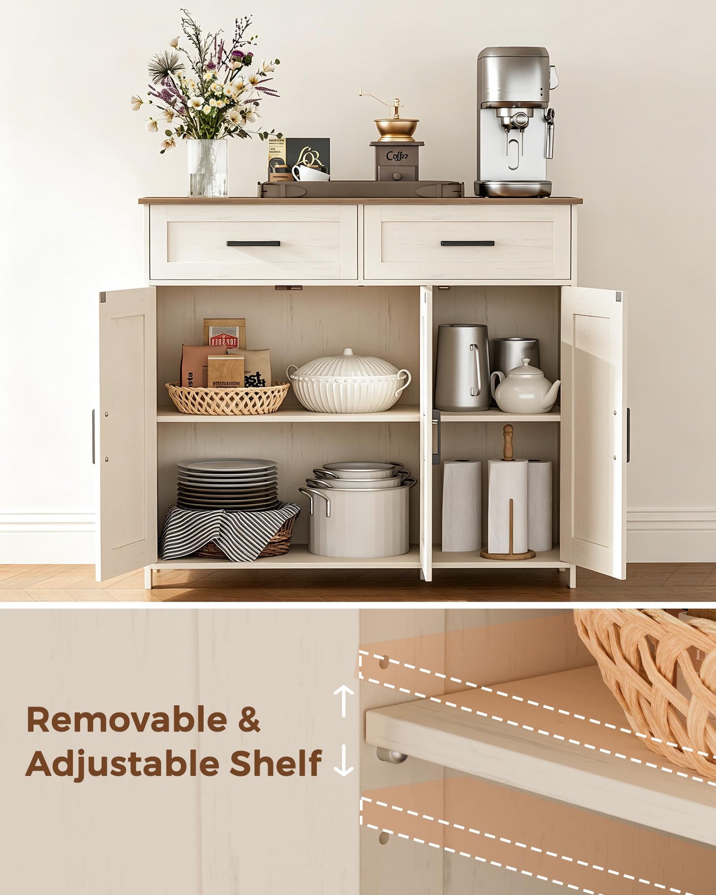 Homhedy Sideboard Buffet Cabinet, Coffee Bar Storage Cabinet with Drawers and Doors, Farmhouse Kitchen Cabinet with Adjustable Shelves, for Kitchen, Dining Room, Living Room, Rustic White and Brown