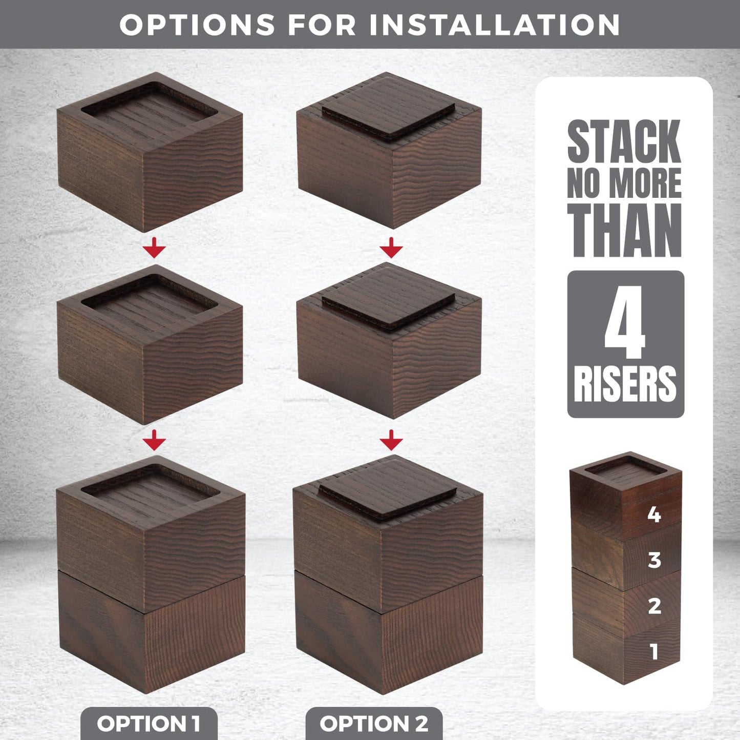 FASONLA Bed Risers (Set of 8) Furniture Risers Lifts Height 2", Oak Solid Wooden Risers for Bed, Furniture, Table, Sofa, Chair Risers with Non-Slip Recessed Hole (8pcs-2" Hight-Walnut Color)