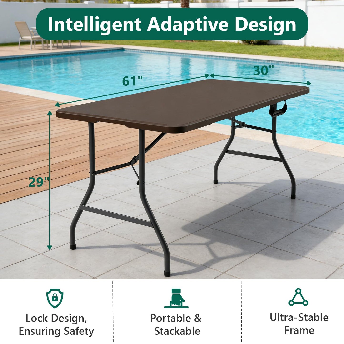 MAKE CHANGES Folding Table 5FT Heavy Duty Plastic Table with Handle, Foldable&Portable, Fold-in-Half Utility Tables for Outdoor, Dining, Wedding, Events, Indoor, Picnic, Camping, Party, Brown