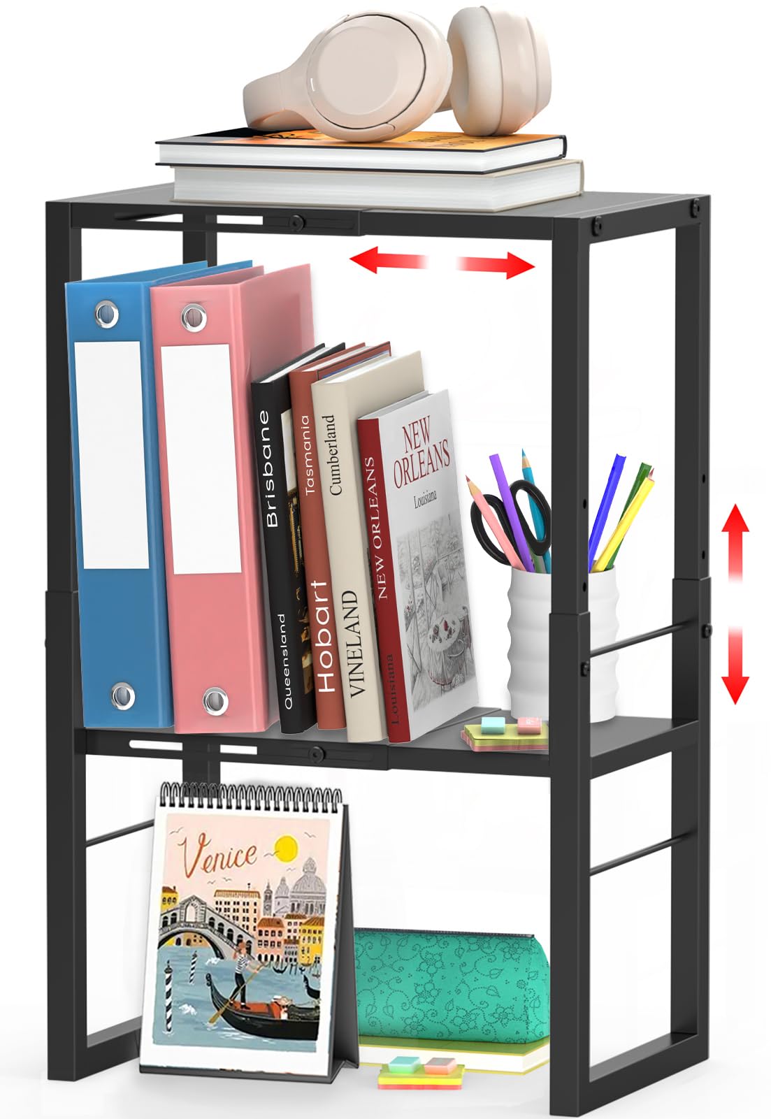 Locker Organizer Shelf, Metal Adjustable Width and Height, Ideal Locker for School, Office, and Gym Lockers, Extends Locker Storage Organization, Black