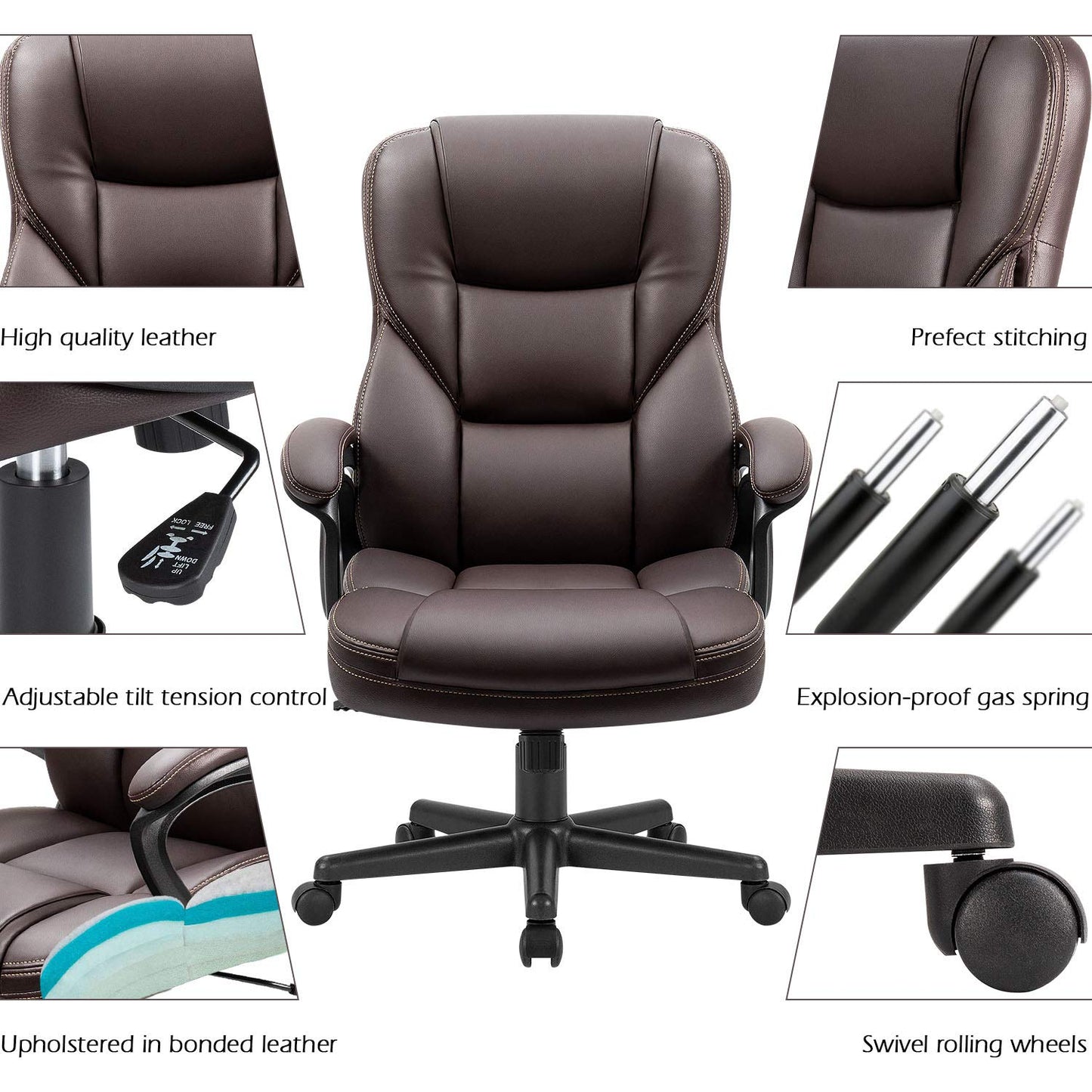 Furmax Office Executive Chair High Back Adjustable Managerial Home Desk Chair, Swivel Computer PU Leather Chair with Lumbar Support (Brown)