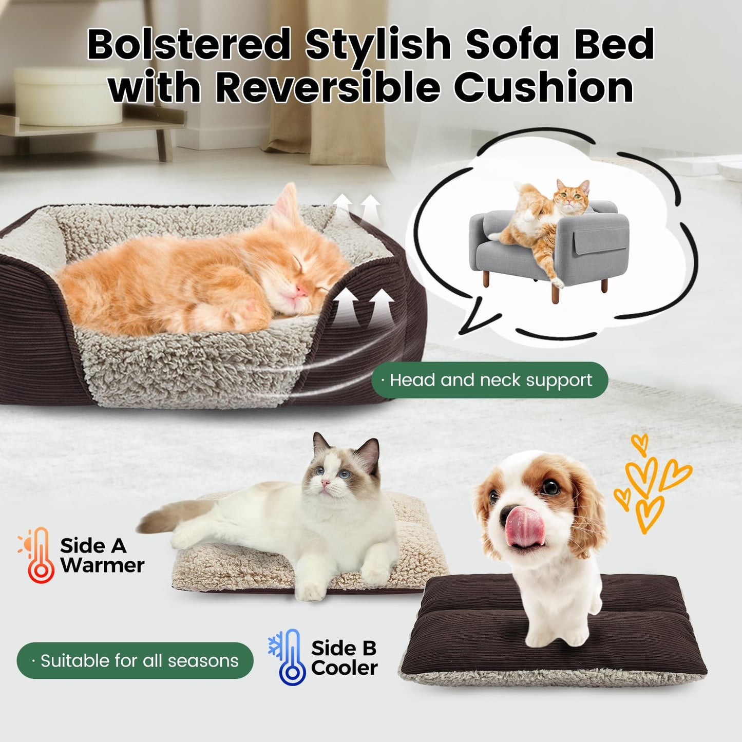 Miguel Washable Dog & Cat Bed with Removable Cushion for Medium & Small Dogs, Easy to Wash Pet Sofa Bed with Side Bolster, Anti-Slip Bottom, Brown, 30 Inch Rectangle