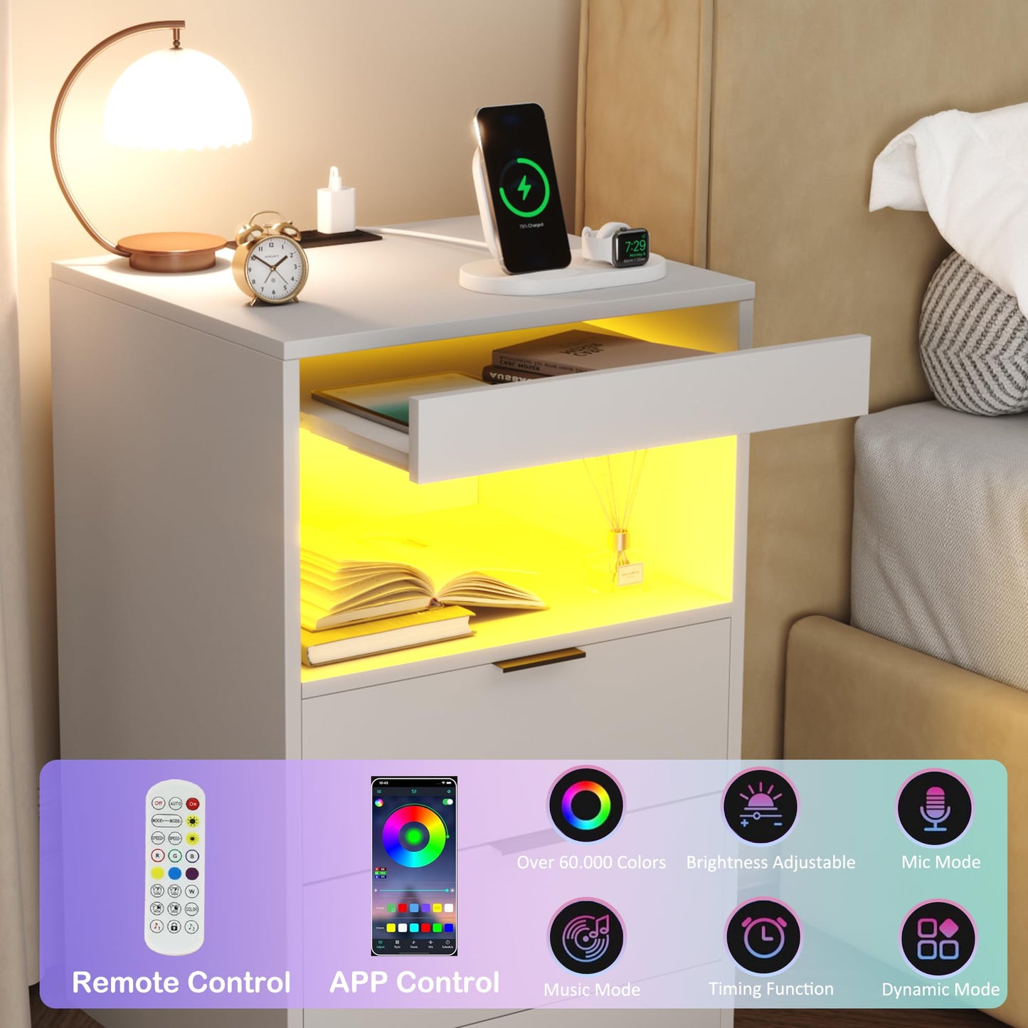 Gadroad LED Nightstand with Charging Station, Bedside Table with USB Ports & Power Outlets, Modern Night Stand with Drawers for Bedroom Small Spaces, White