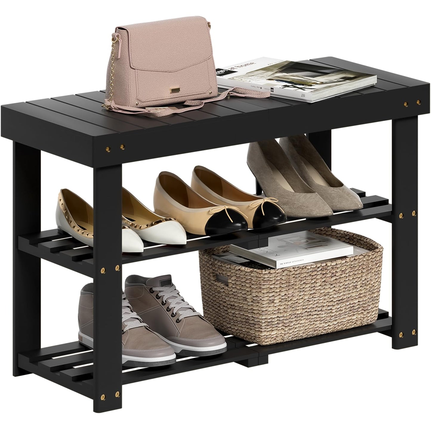 BAMBUROBA Bamboo Shoe Rack Bench, 3-Tier Entryway Bench, Small Shoes Storage Organizer Holds Up to 300lbs, 27.5 x 11 x 16.9 Inches, for Front Door, Hallway, Living Room, Bedroom,Black