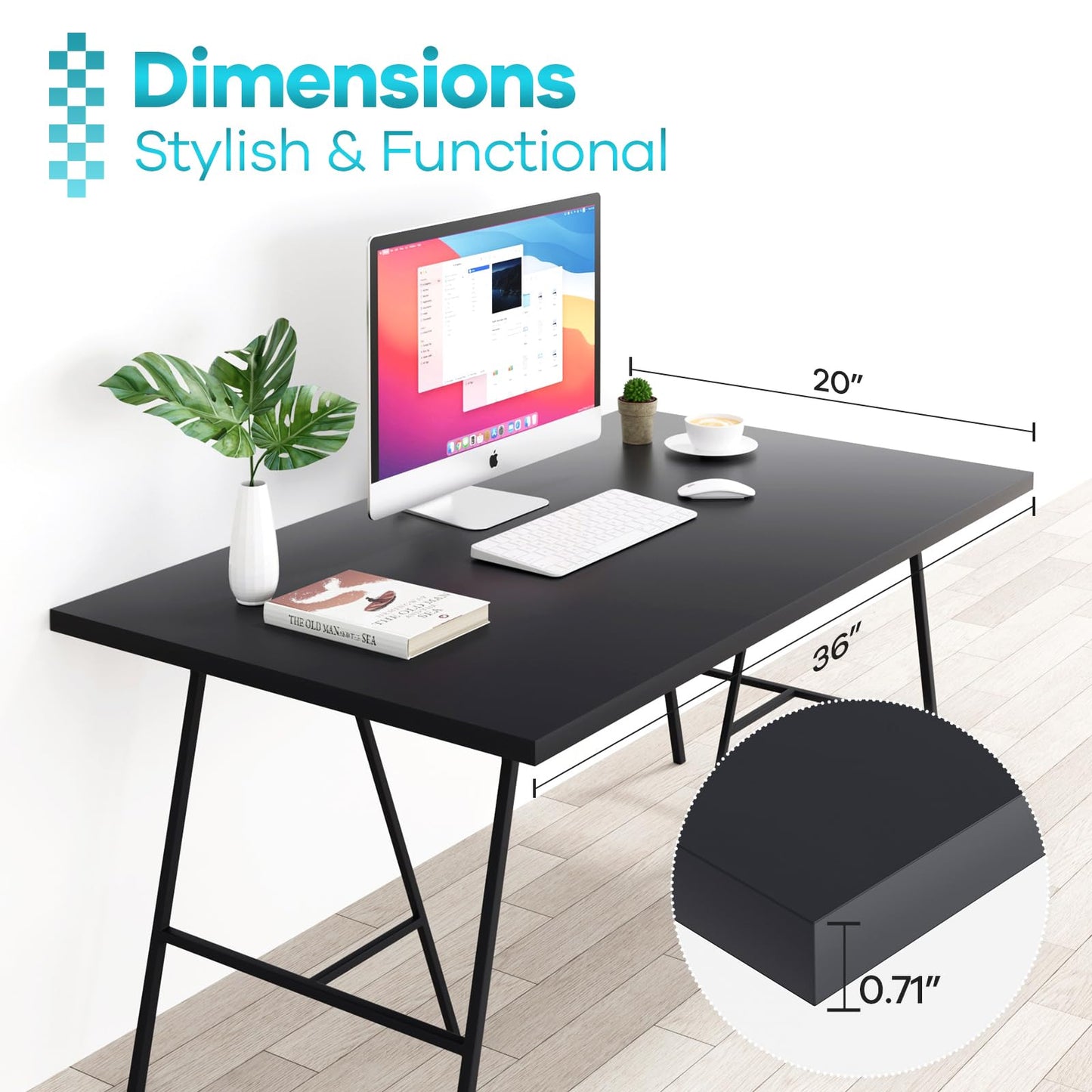 Kaboon 36x20 inch Black Table Top Universal, Solid One-Piece Desktop, Reversible Melamine Countertop, Double Desks, L-Desk DIY