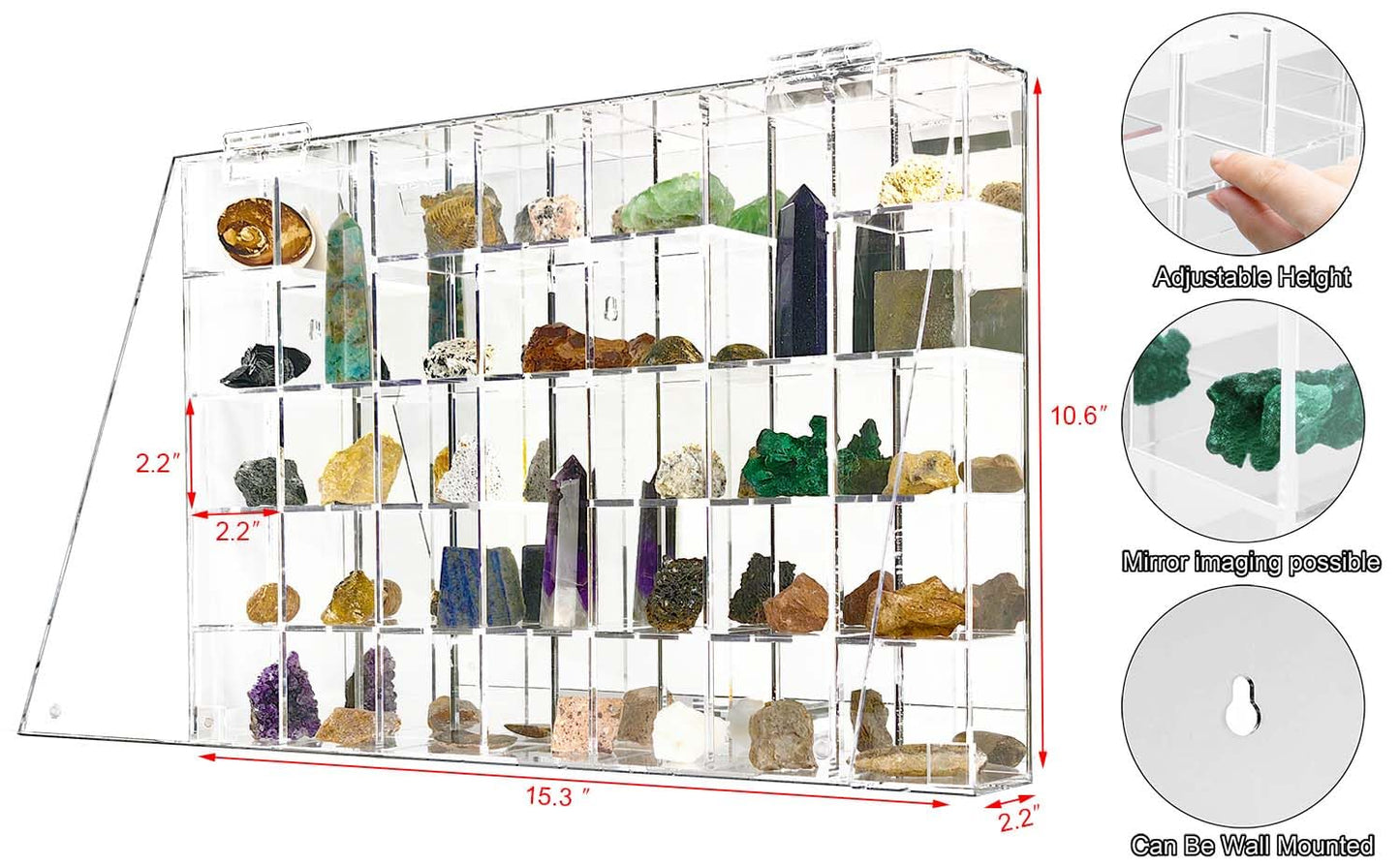 Adjustable Acrylic Display Case Clear Wall Mounted or Desktop 35 Room Storage Cabinet Organizer for Collectibles, Figures, Rock Collection, with Mirrored & Lid…