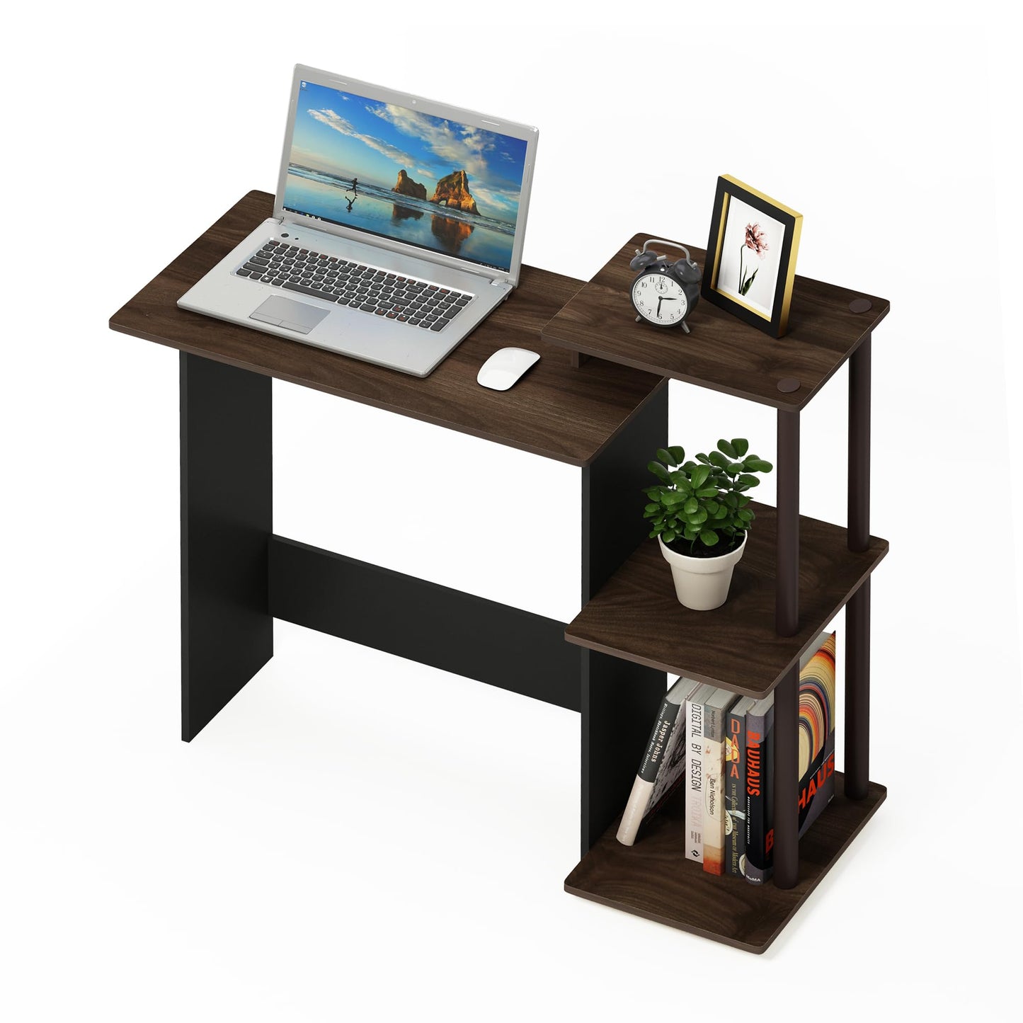 Furinno Efficient 29-Inch Brown Computer Desk, Office Desk with 3 Side Shelves, Rectangular Home Office Desk, Gaming Desk for Home Office, Bedroom, Study Room, Brown Walnut