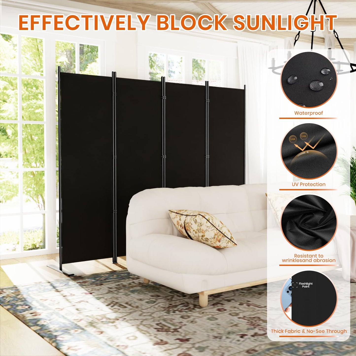 SUNALLY Room Divider 6FT Folding Privacy Screens, 8 Panel Fabric Divider for Room Separation, 176" W Freestanding Portable Wall Dividers Screen for Home Dorm Studio Office, Black