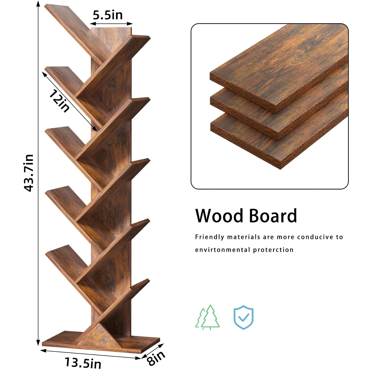 SHEEPAM 10 Tier Tree Book Shelf, Floor Standing Wood Bookshelf for Narrow Space, Storage Organizer Bookshelves for Books/CDs/Magazine, Bookcase with Shelves for Home Office, Living Room - Brown