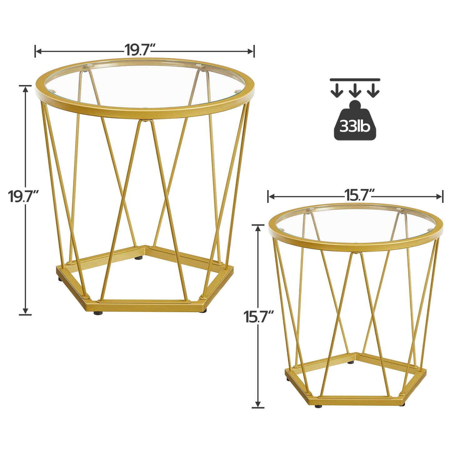 HOOBRO Small Coffee Table Set of 2, Round Coffee End Table with Metal Frame, Glass Tabletop, Gold Side Table for Living Room, Bedroom and Balcony, Modern Style, Gold GD79BZ01