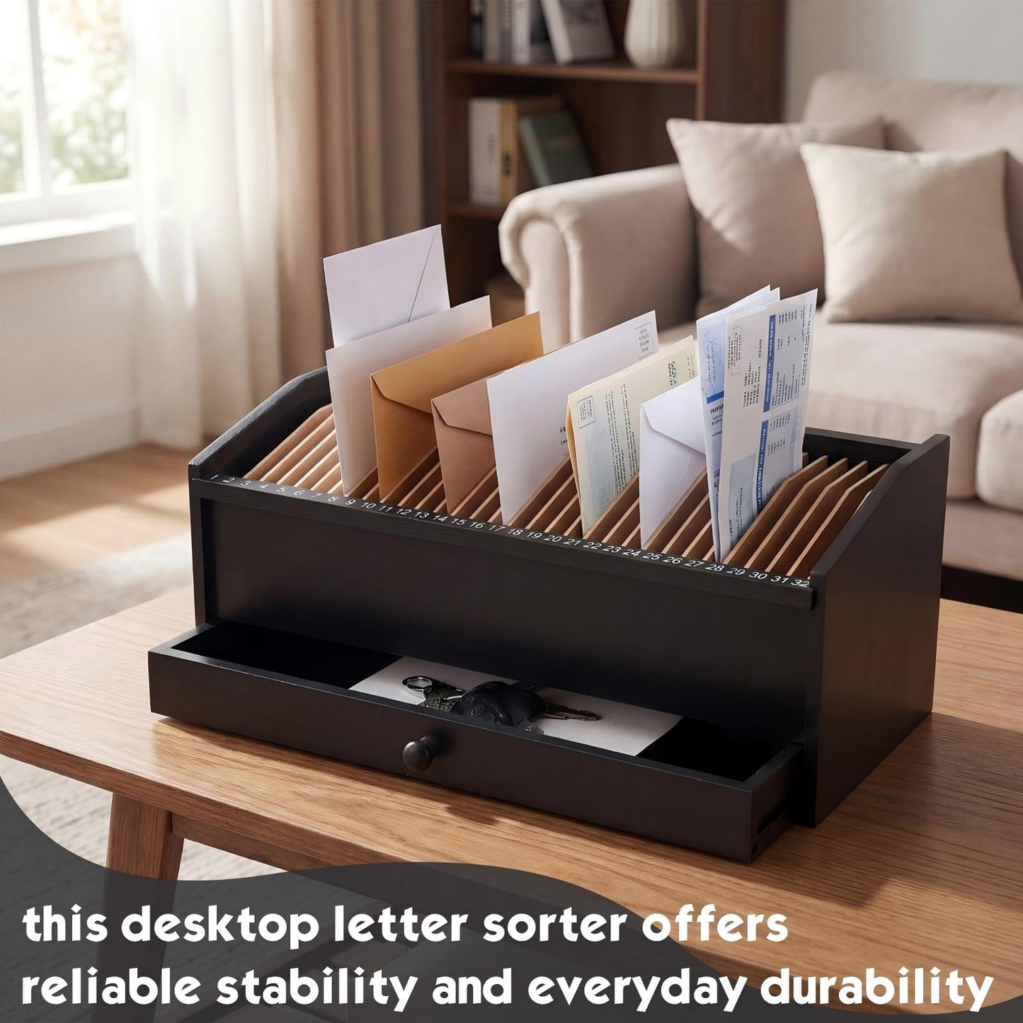 Teecyhooo Wood Desktop Organizer with Drawer, 17 Inch 32 Section Bill & Mail & File Organizer Storage for Office Desk, Desktop Mail Holder and Office Supplies Storage, Letter and Paper Sorter(Black)