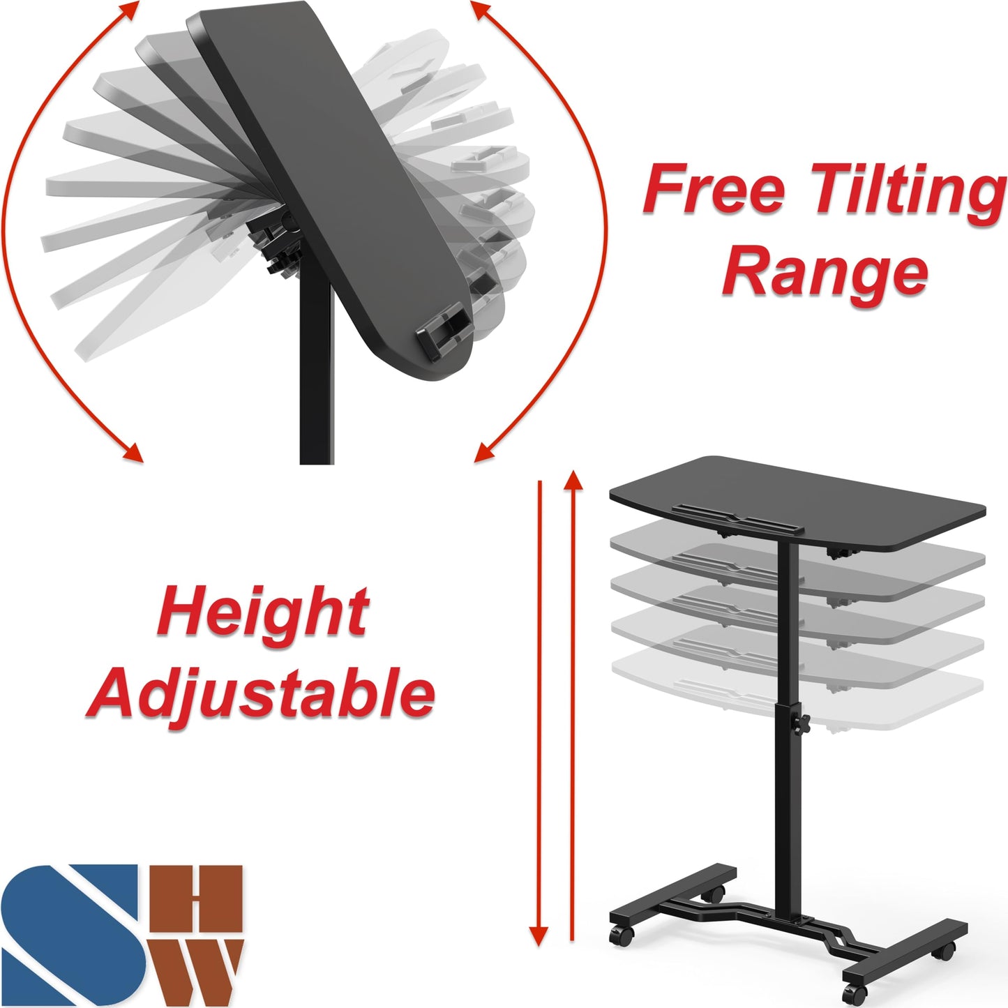 SHW 25" to 41" Height Adjustable Rolling Laptop Desk with Tilting Desktop for Home Office and Sofa Beside, Black