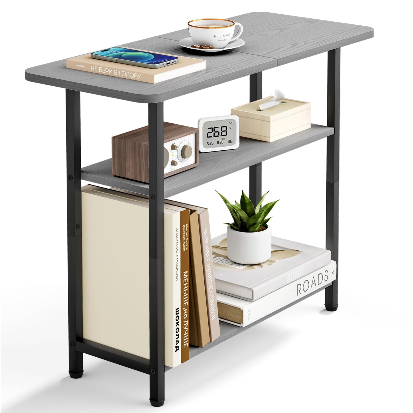 SLEEPING LAMB Side Table for Living Room, 3-Tier End Table for Small Space with Wide Storage Tabletop, Narrow Nightstand for Bedroom, Sofa Couch, Grey