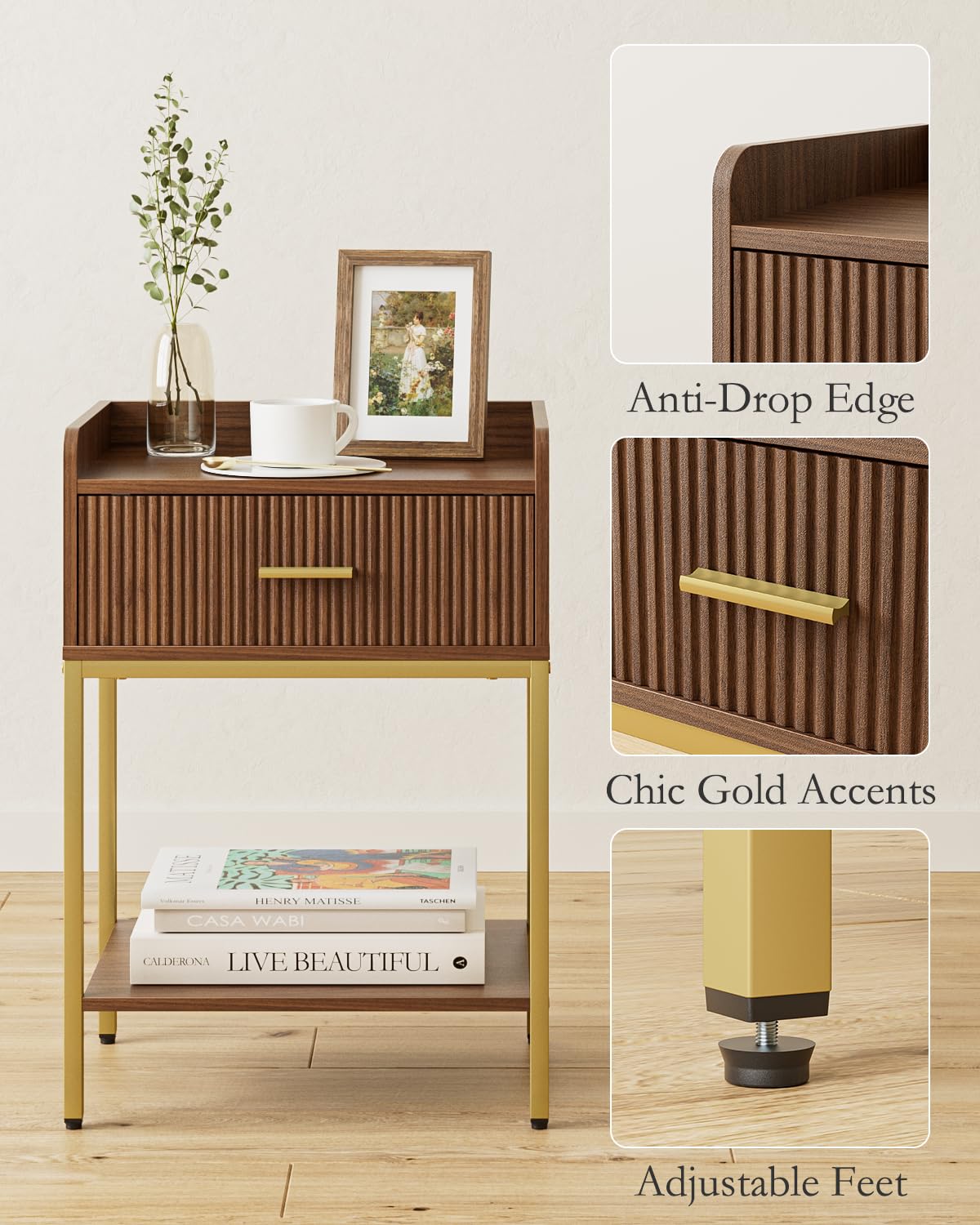 Apetaccat Nightstand, 3-Tier Bed Side Table, Small End Table, Night Stand with Open Shelf and Drawer, Bedside Table for Bedroom, Living Room, Walnut