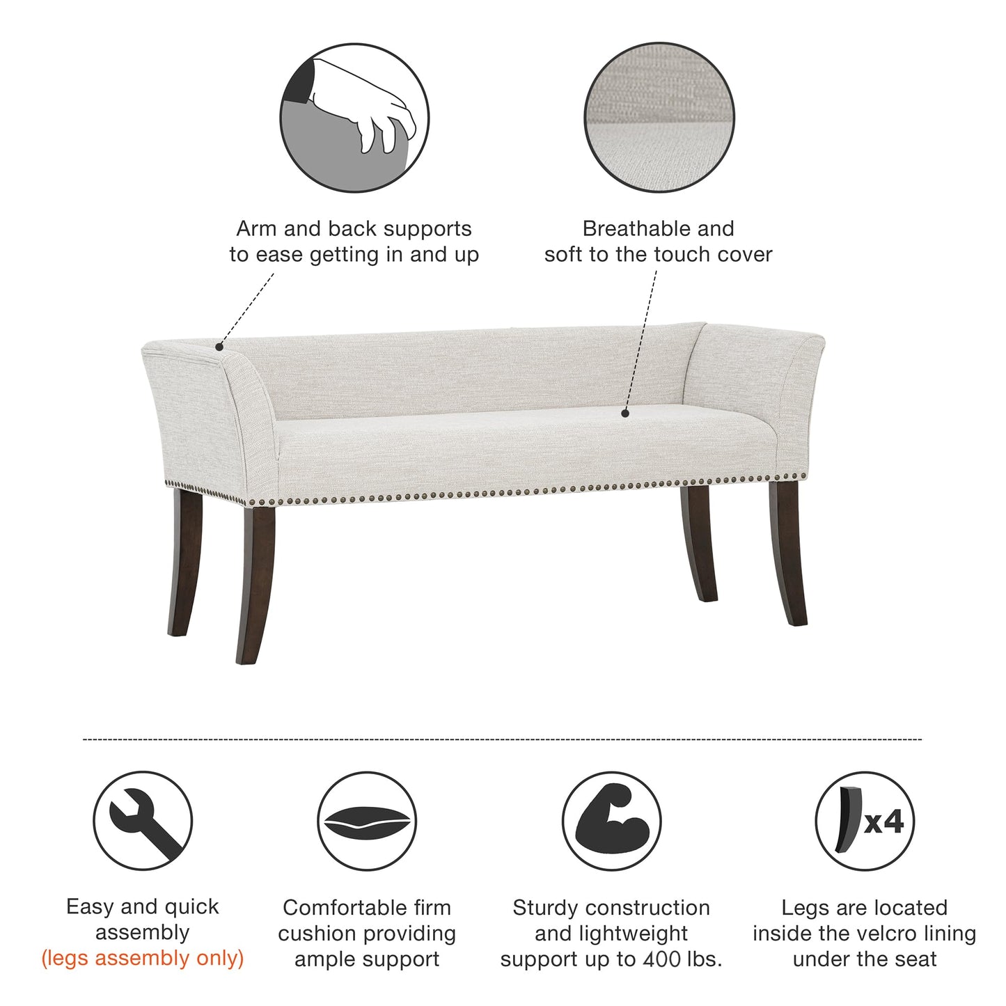 Madison Park Accent Bench for Living Room, Upholstered with Nailhead Trim, & Padded Seat Entryway Bench Small, End of Bed Bench with Back, 49.5" W x 19.25" D x 23" H, White Cream