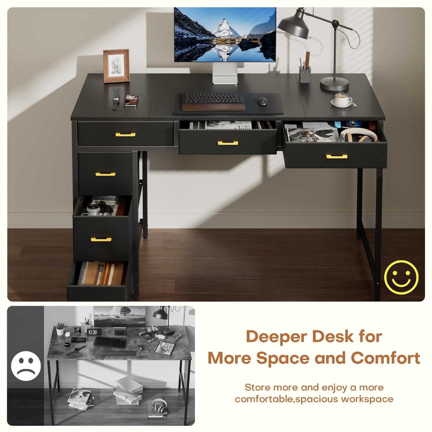 HLDIRECT 47" Computer Desk with 6 Drawers, Home Office Desk with Large Storage for Home Office,Gaming,Writing Study,Work (Black)