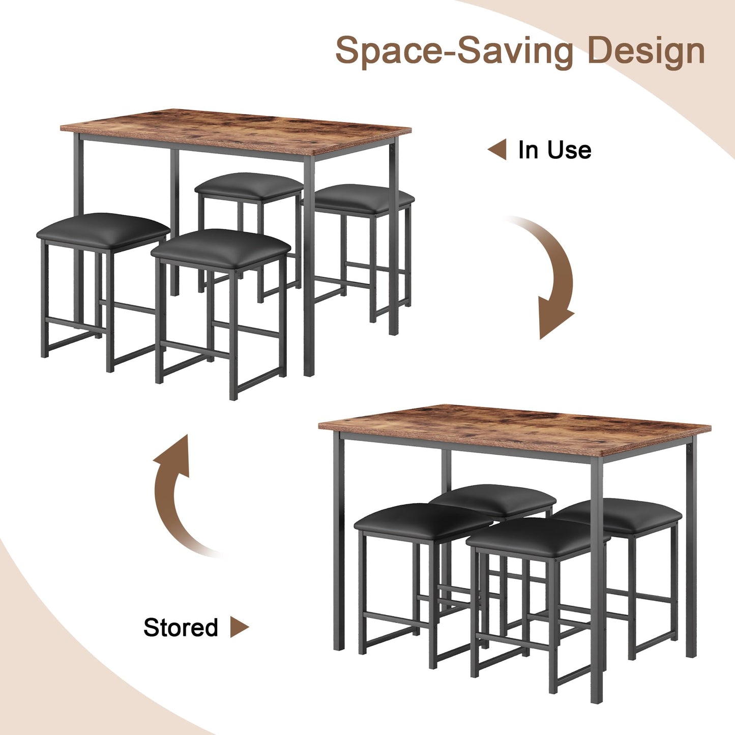 VECELO Kitchen Table and Chairs for 4, Dining Room Set with PU Chairs/Stools, Heavy-Duty Metal Frame, Wooden Tabletop, Space-Saving Design for Small Spaces, Easy Assembly, Walnut Brown