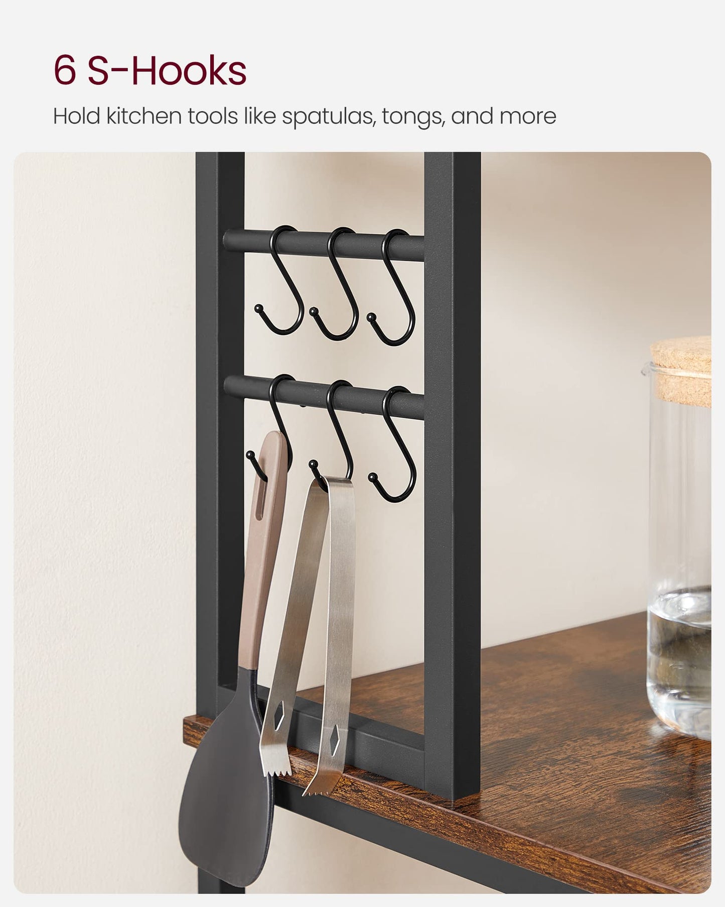 VASAGLE Coffee Bar, 31.5 Inches Baker's Rack for Kitchen with Storage, 6-Tier Kitchen Shelves with 6 Hooks, Microwave Stand, Industrial, Rustic Brown and Ink Black UKKS019B01