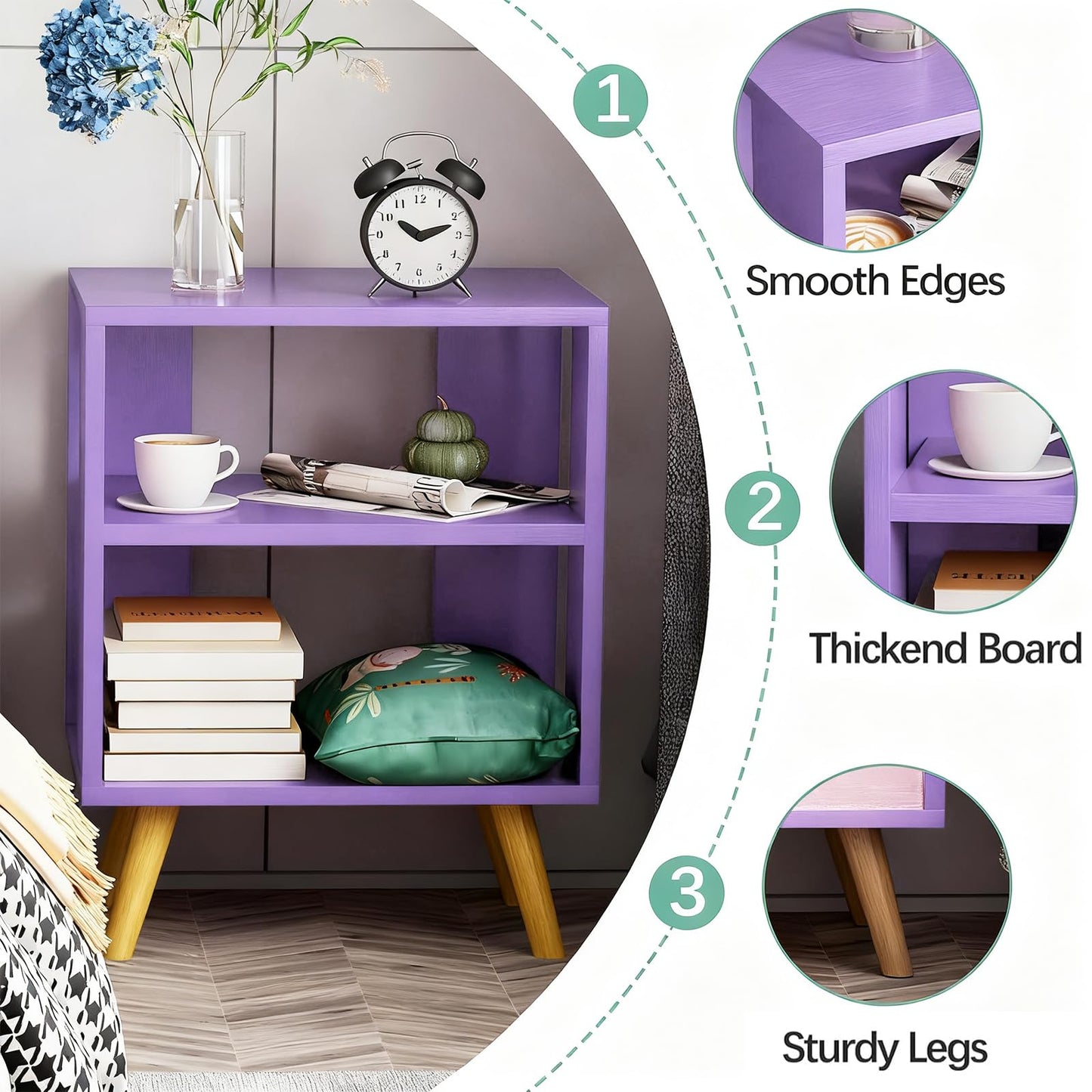 Aenuert Night Stand, Purple Nightstand, Modern End Table with Open Storage, 2-Tier Wooden Bedside Table for Small Space, Living Room, Bedroom