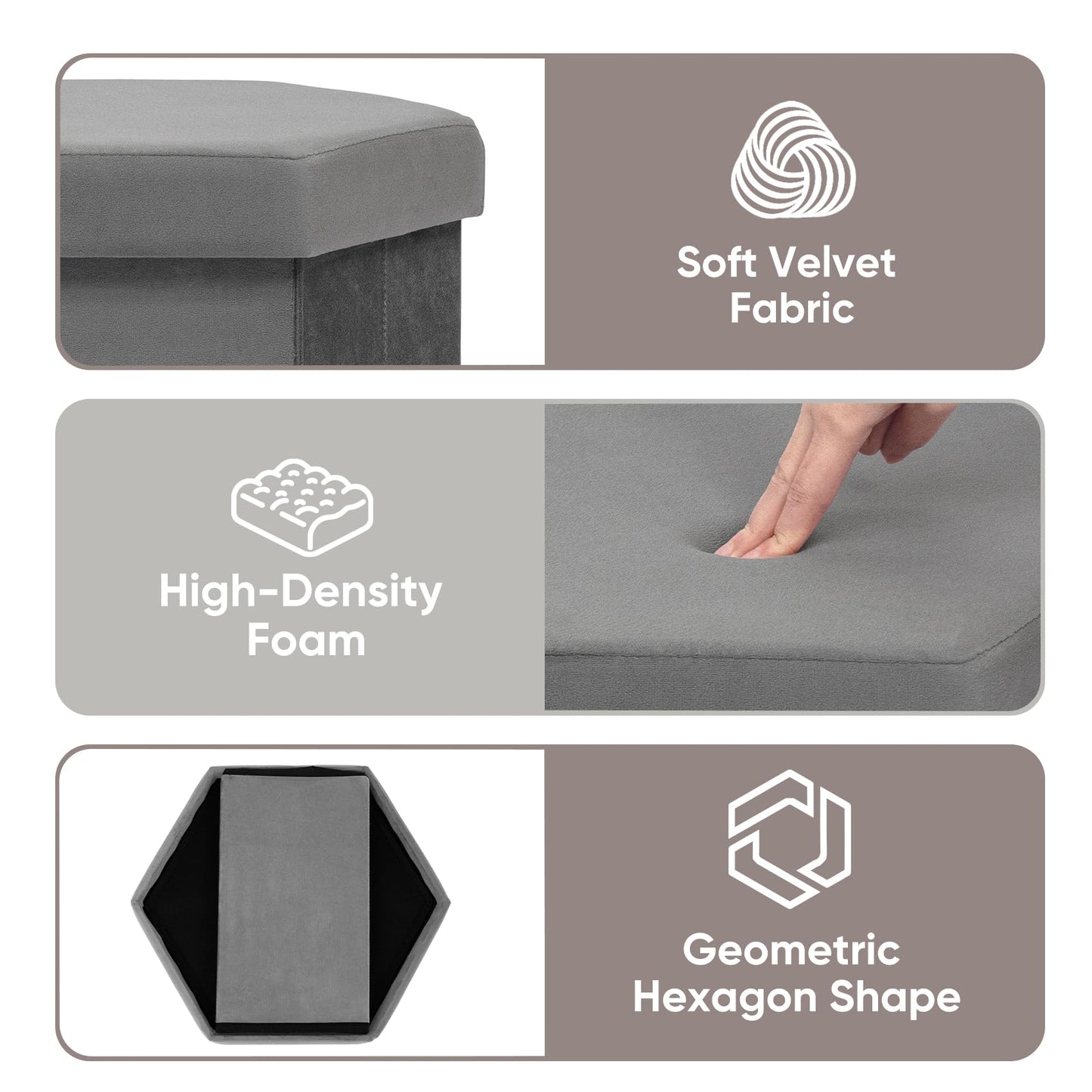 ZOLANOful Hexagon Storage Ottoman for Small Spaces, Velvet Accent Footstool with Hidden Storage, Foldable Ottoman Seat for Living Room, Bedroom, Dorm & Entryway, Charcoal, 15 x 16.9 x 15 Inch