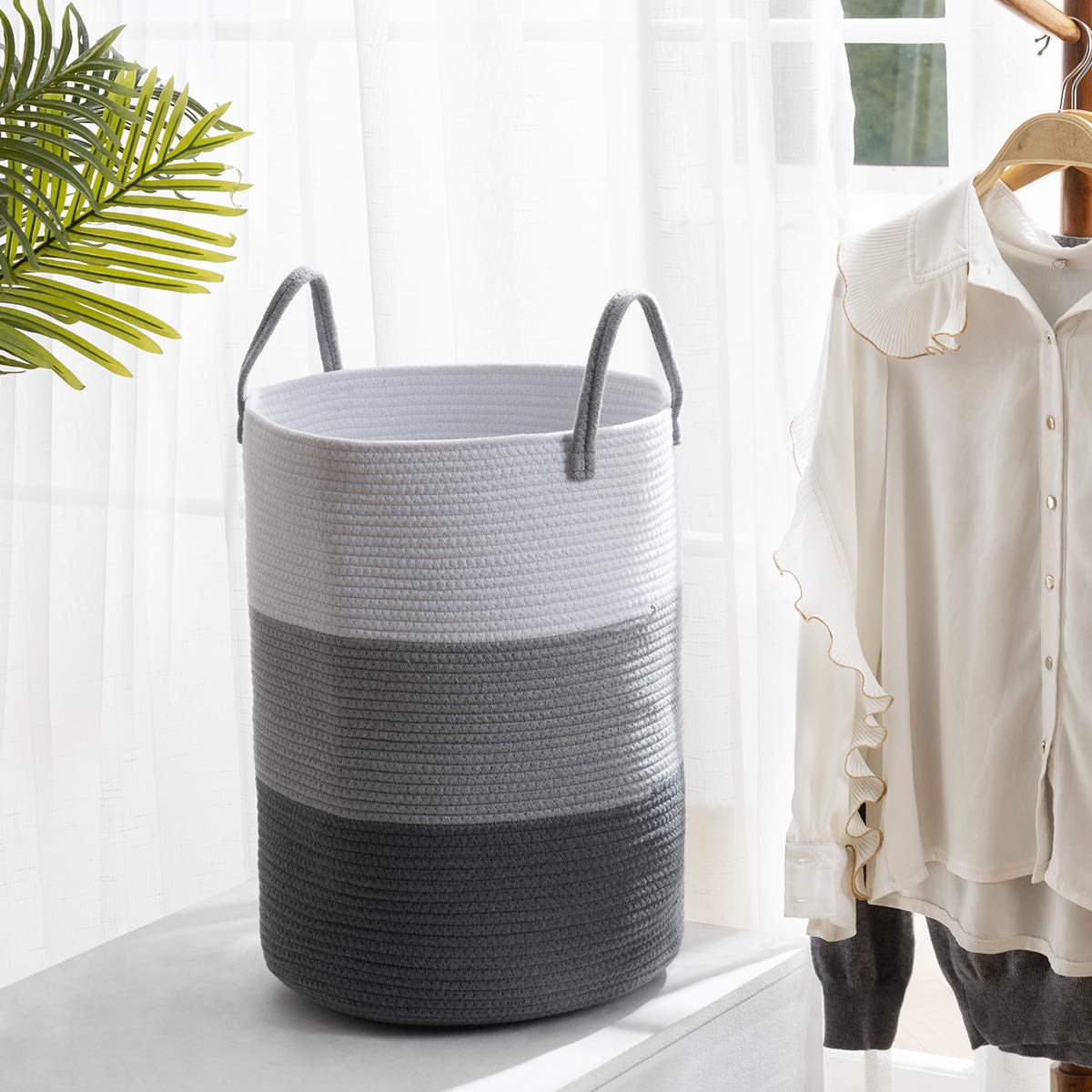 YOUDENOVA Woven Rope Laundry Hamper Basket, 58L Tall Luandry Basket, Baby Nursery Hamper for Blanket Storage, Clothes Hampers for Laundry in Bedroom