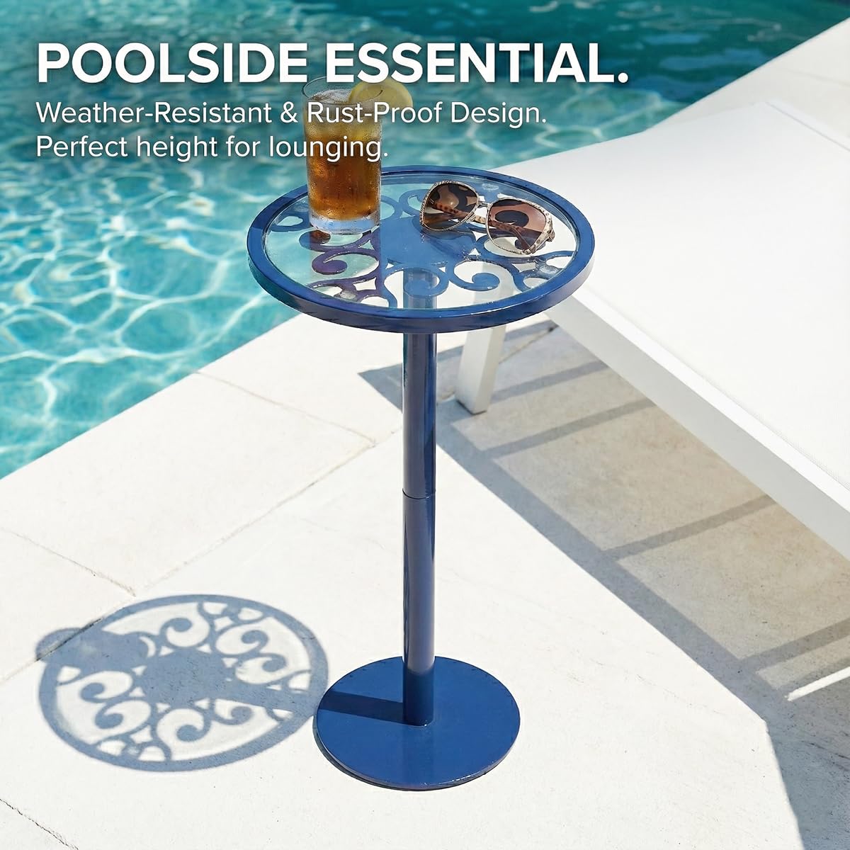 ZEXVIDA Navy Blue Drink Table, Indoor Outdoor Small Round Side Table with Tempered Glass & Scroll Design, 24.7" Metal Pedestal End Table for Living Room,Patio, Pool, Coastal Nautical Decor (Navy Blue)