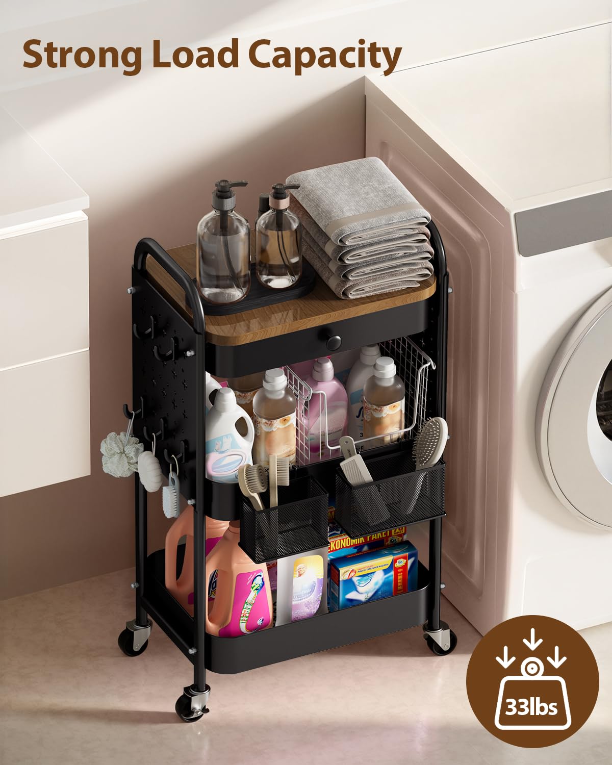 ALVOROG Rolling Cart with Drawer and Wood Table Top, 3 Tier Metal Rolling Utility Cart on Wheels with DIY Pegboards, Hanging Baskets, Hooks for Bedroom,Office,Craft Supplies